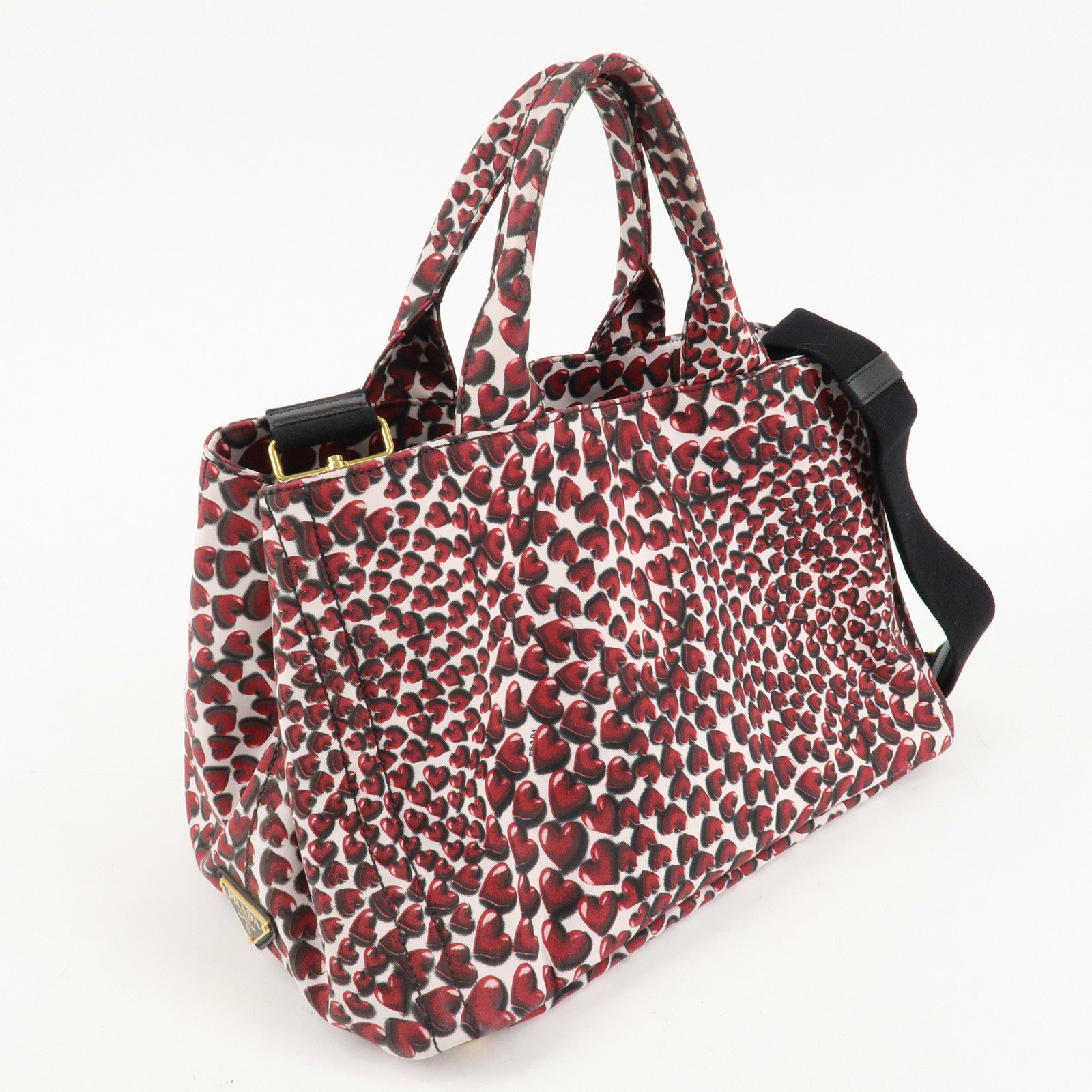 PRADA Canapa Canvas Tote Bag Hand 2Way Bag Red Ivory Gold BN1877 Used