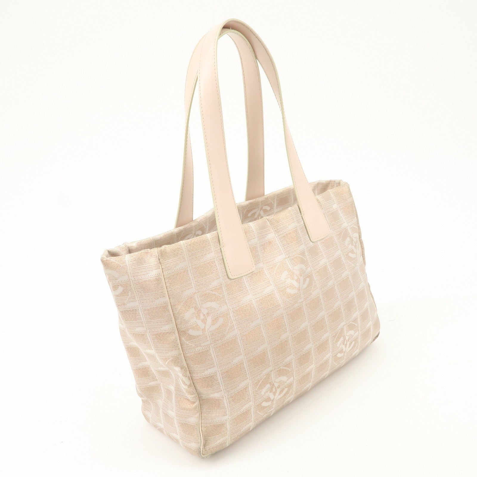 CHANEL New Travel Line Nylon Jacquard Leather Tote Bag Pink A15991 Used