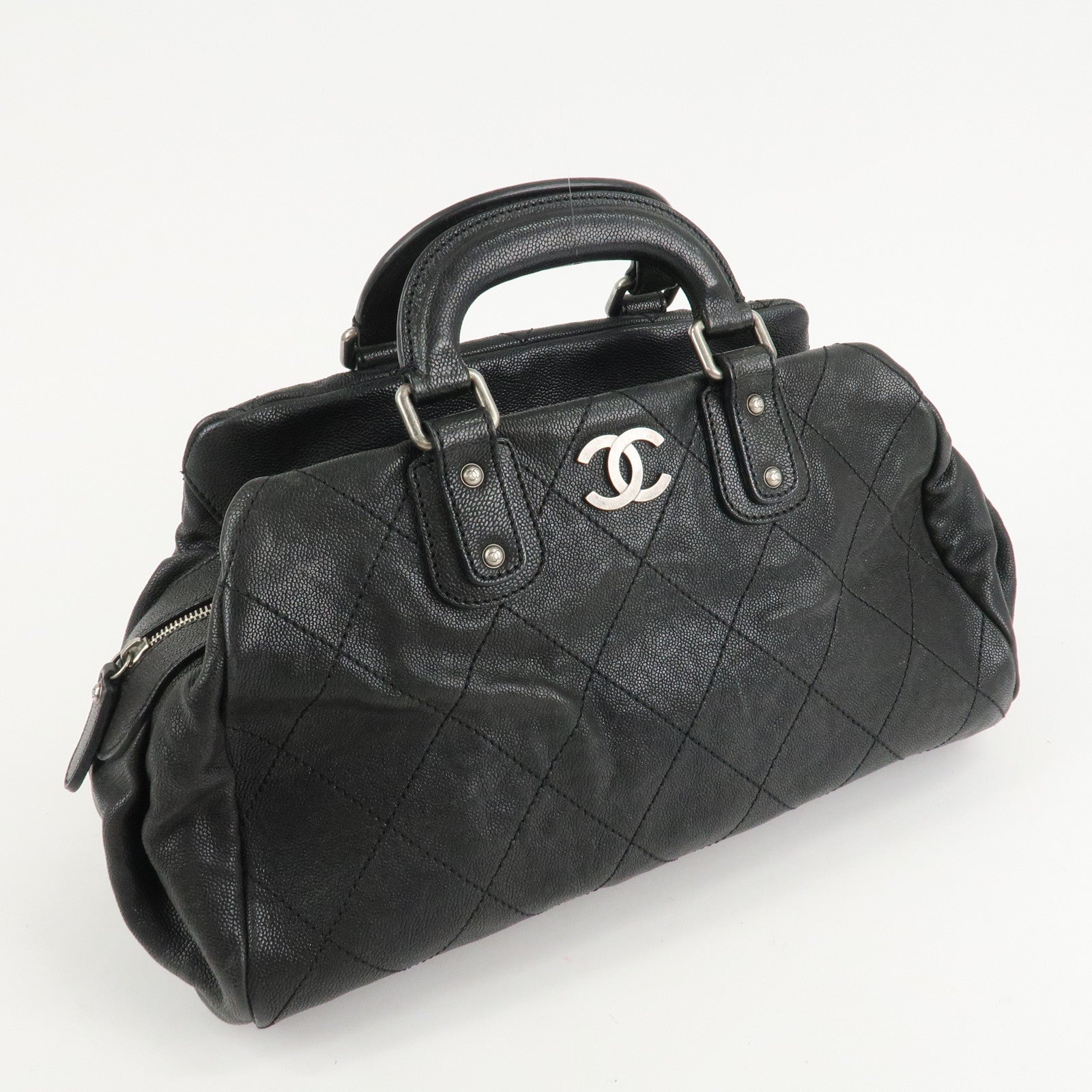 CHANEL Matelasse Caviar Skin Boston Bag Hand Bag Black A33046 Used