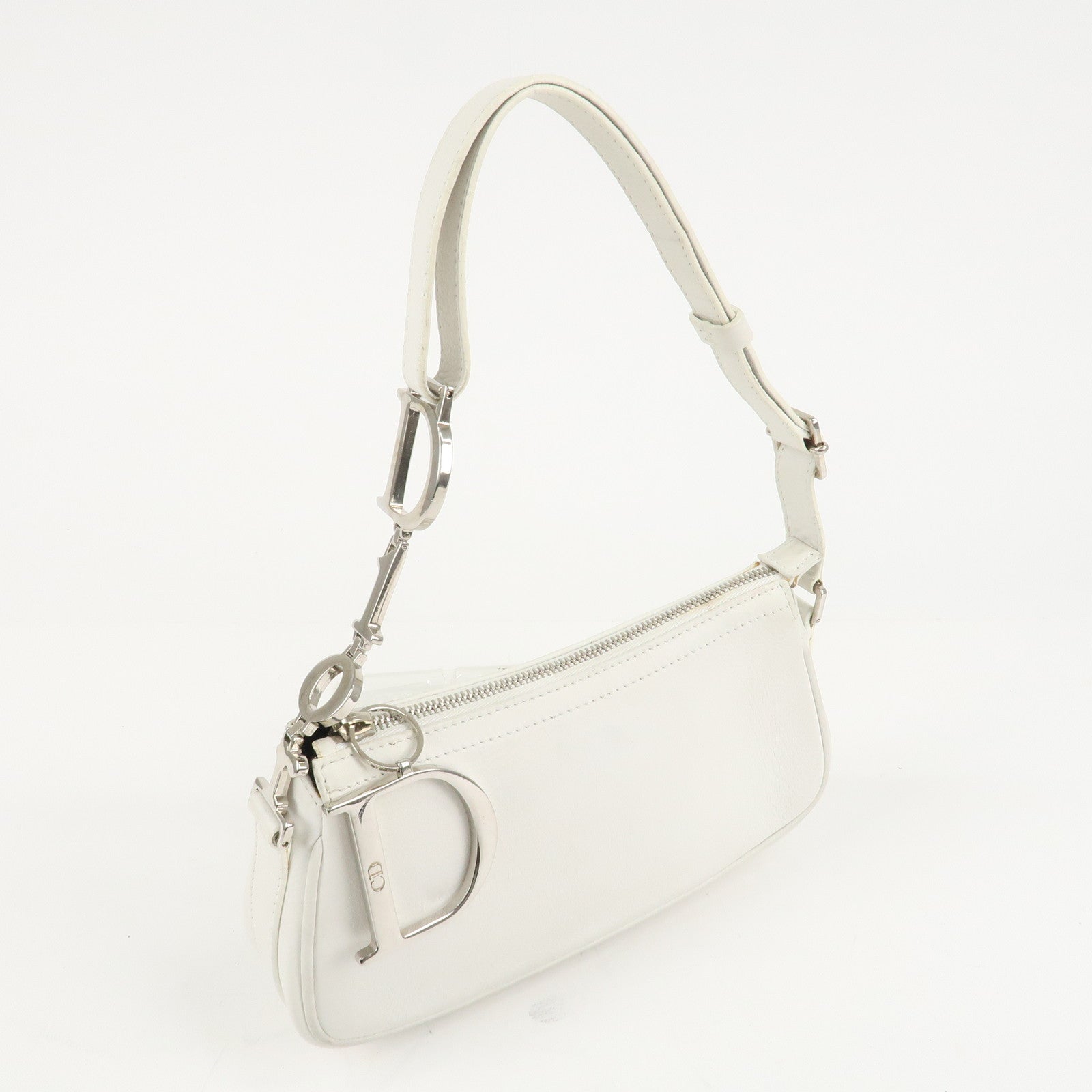 Christian Dior Canvas Leather Logo Charm Hand Bag White Used