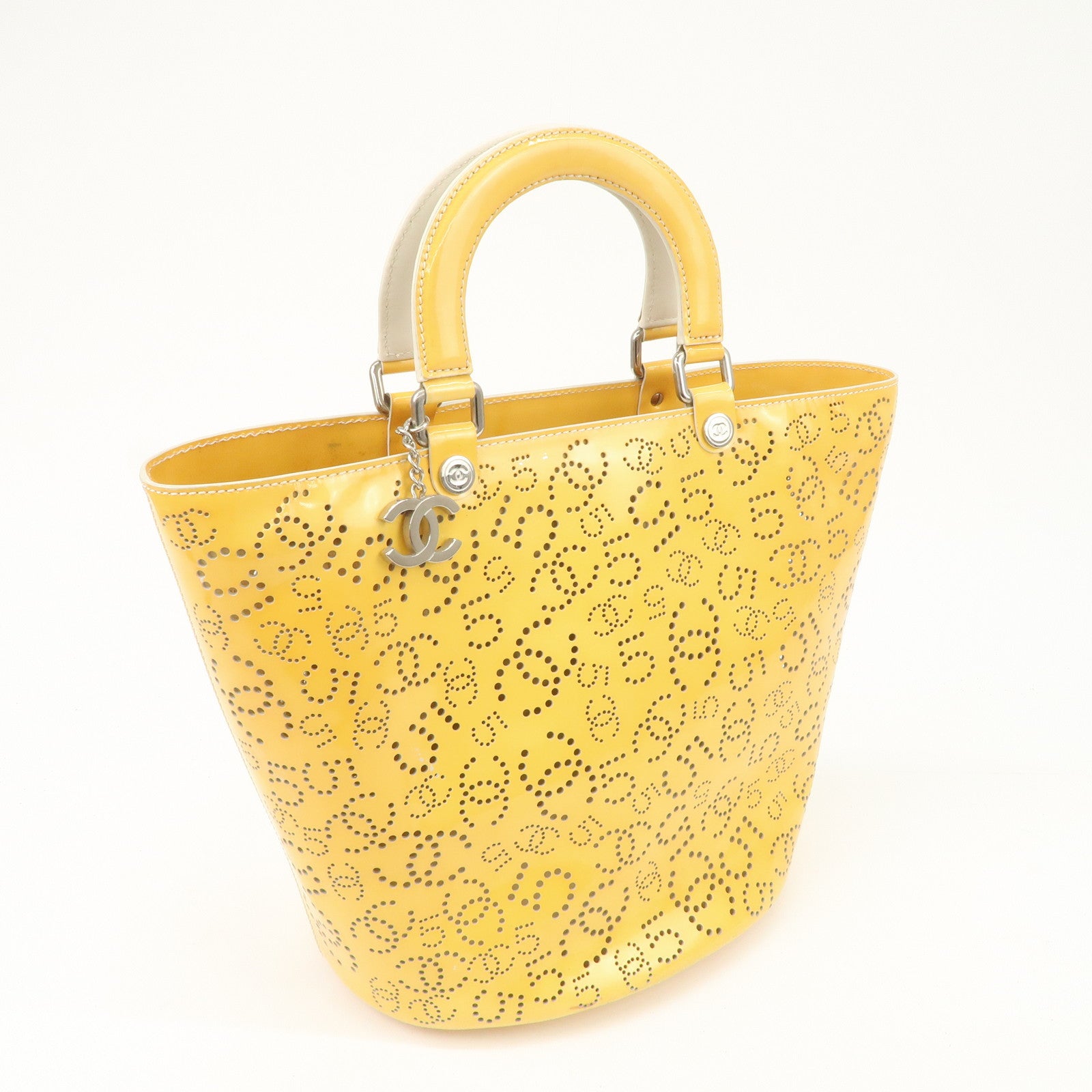 CHANEL COCO Mark No.5 Patent Leather Punching Hand Bag Yellow Used