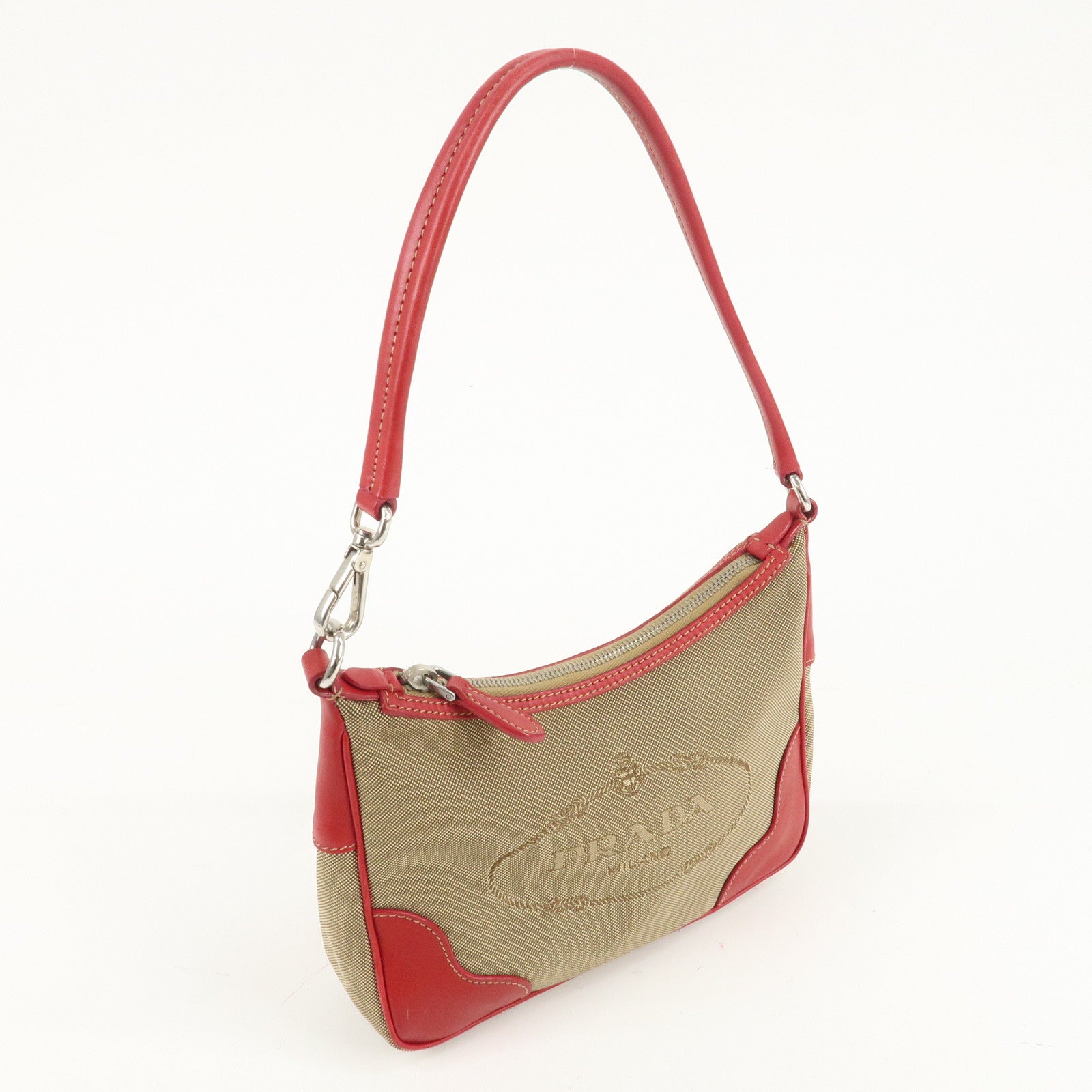 PRADA Logo Jacquard Leather Shoulder Bag Beige Red Used