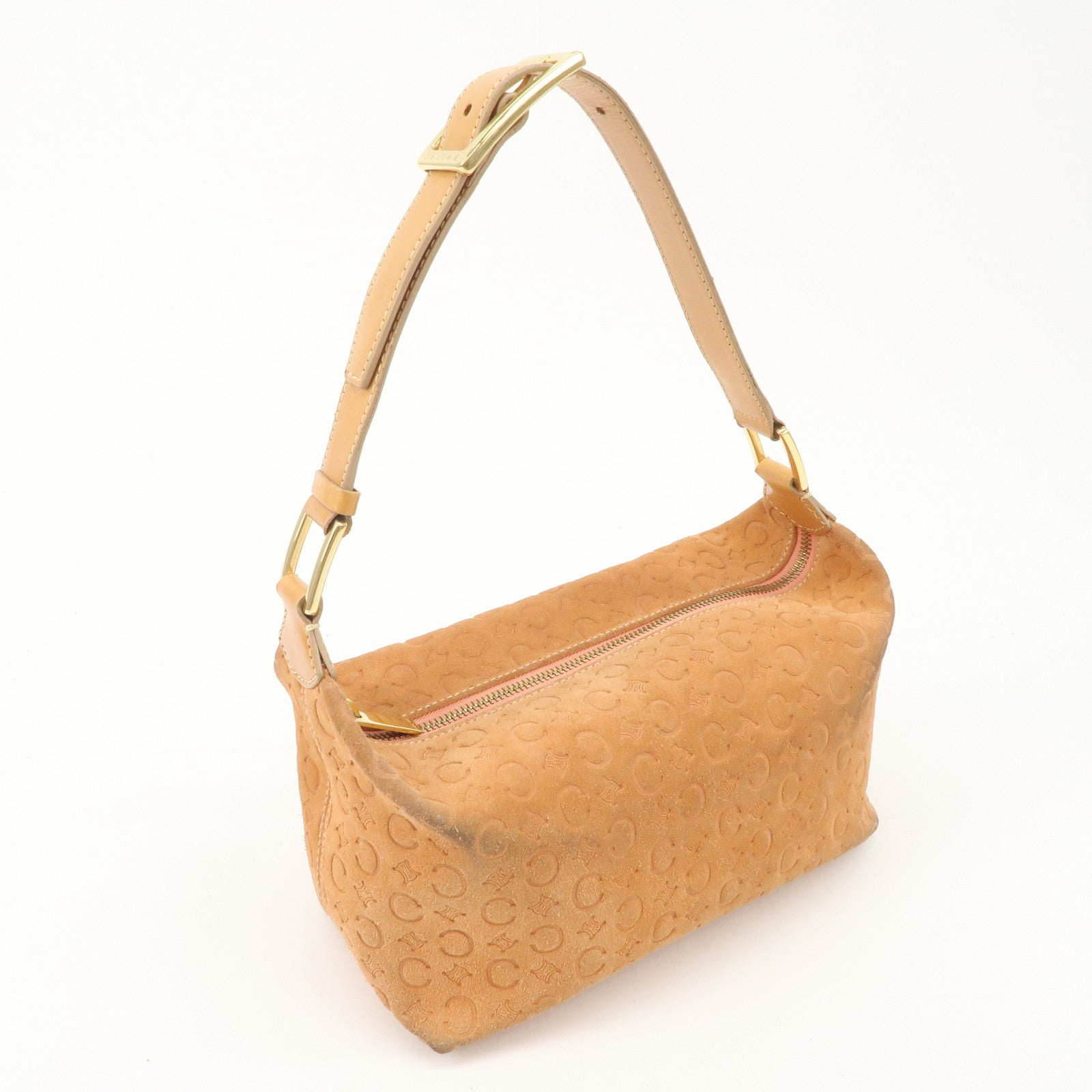CELINE C Macadam Suede Leather Shoulder Bag Pink Beige Used