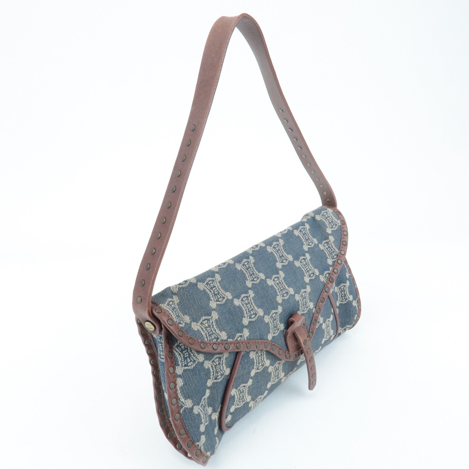 CELINE Macadam Denim Leather Shoulder Bag Blue Brown Used