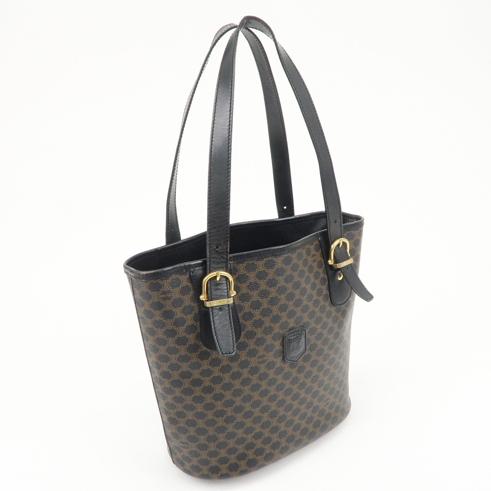 CELINE Macadam PVC Leather Tote Bag Shoulder Bag Black Brown Used