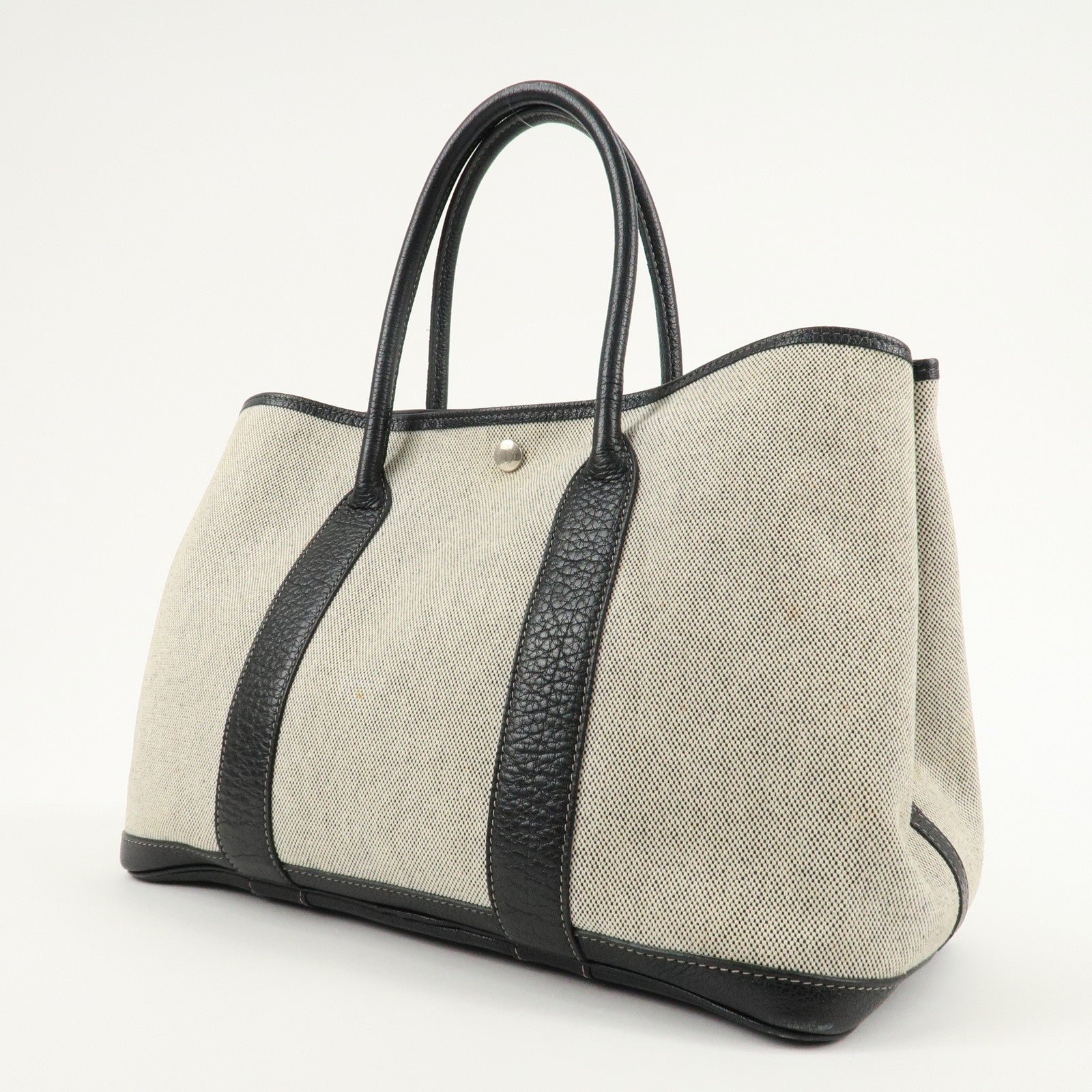 HERMES Garden Party Toile Ash Leather PM H Stamped Tote Bag Used