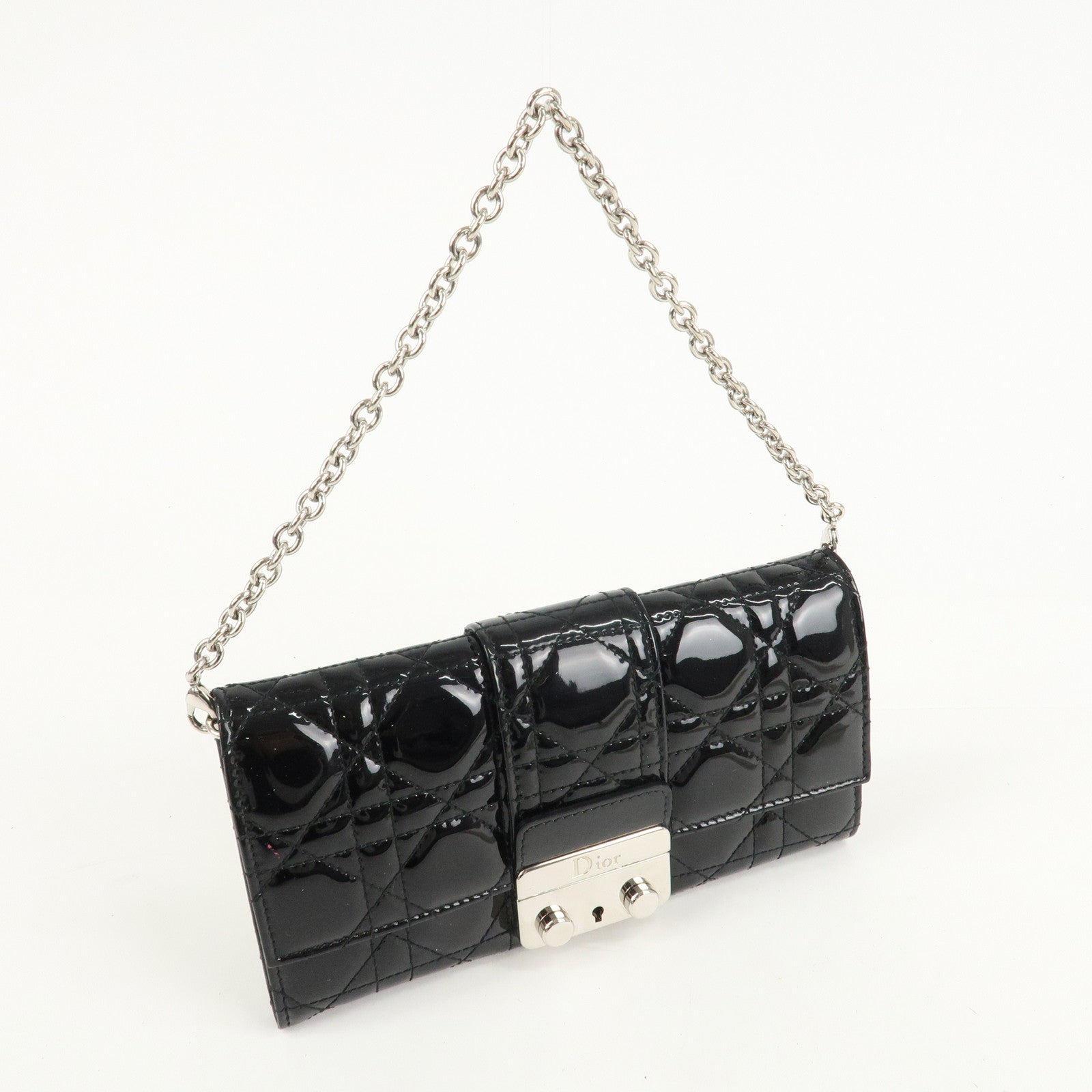 Christian Dior New Lock Cannage Patent Leather Chain Long Wallet Used