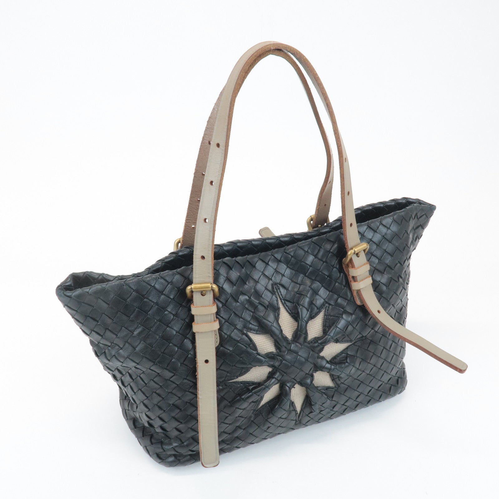 BOTTEGA VENETA Intrecciato Leather Tote Bag Balck Beige 169759 Used