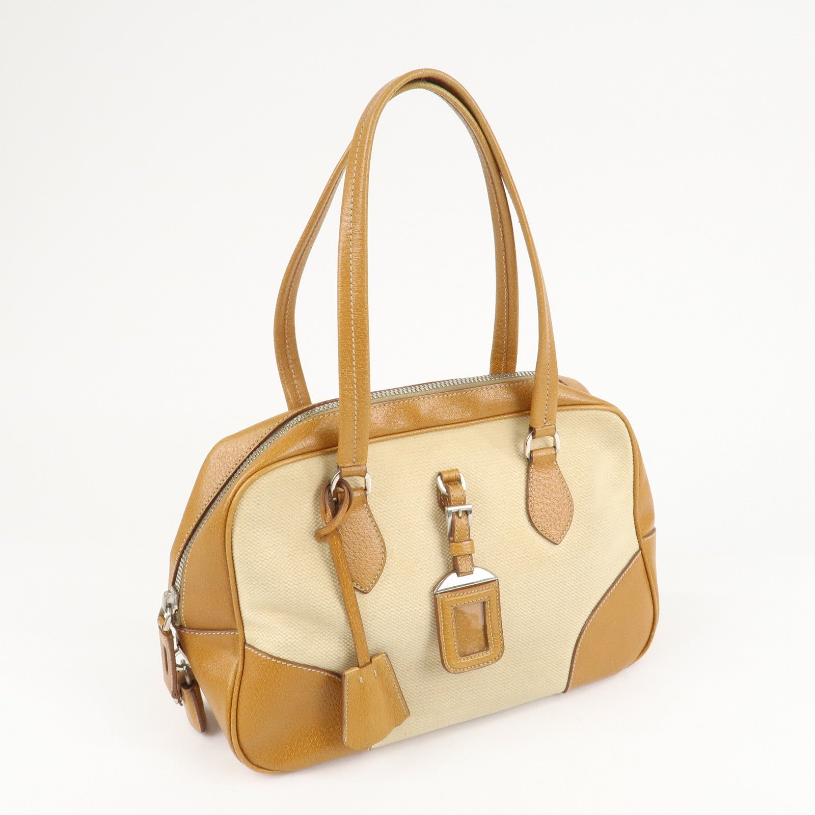 PRADA Canvas Leather Triangle Logo Boston Bag Ivory Brown Used