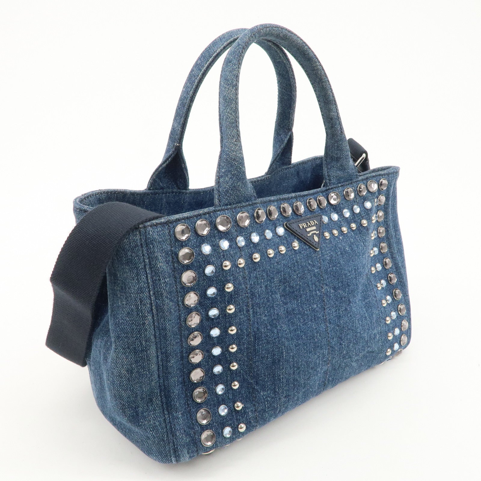 PRADA Logo Canapa Mini Denim Bijou 2Way Tote Bag Denim Blue 1BG439 Used