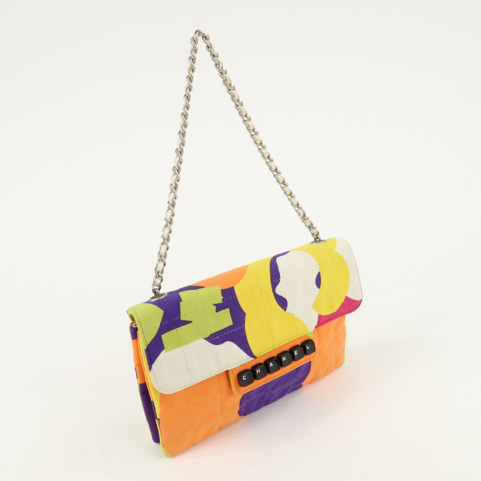 CHANEL Chocolate Bar Canvas Piano Chain Shoulder Bag Multi Color Used