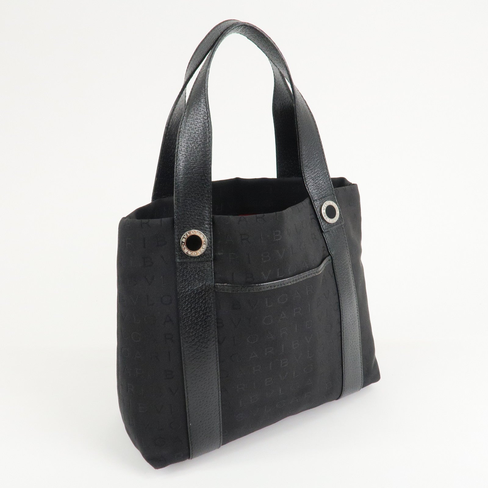 BVLGARI Logo Mania Canvas Leather Hand Bag Tote Bag Black Used