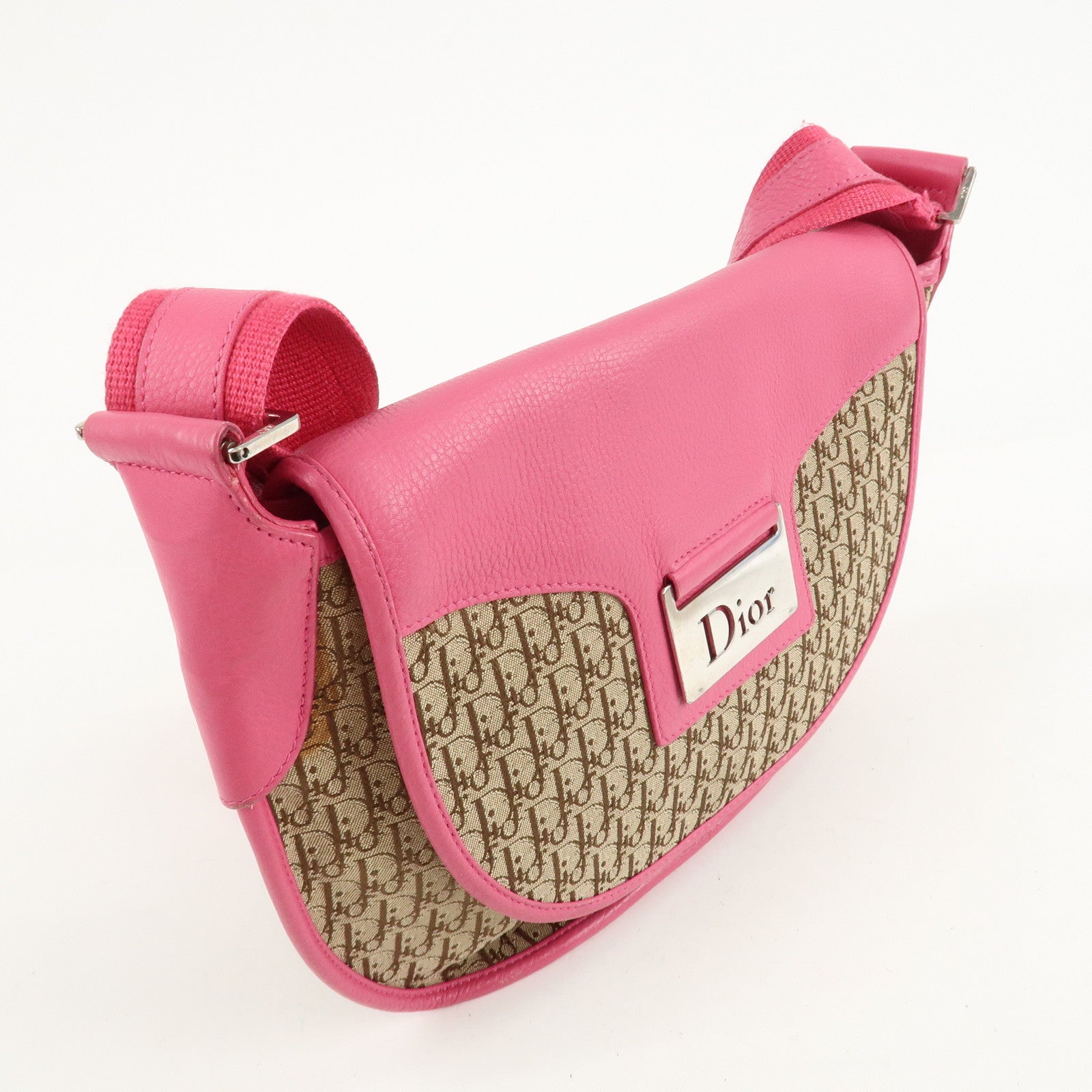 Christian Dior Trotter Canvas Leather Shoulder Bag Beige Pink Used