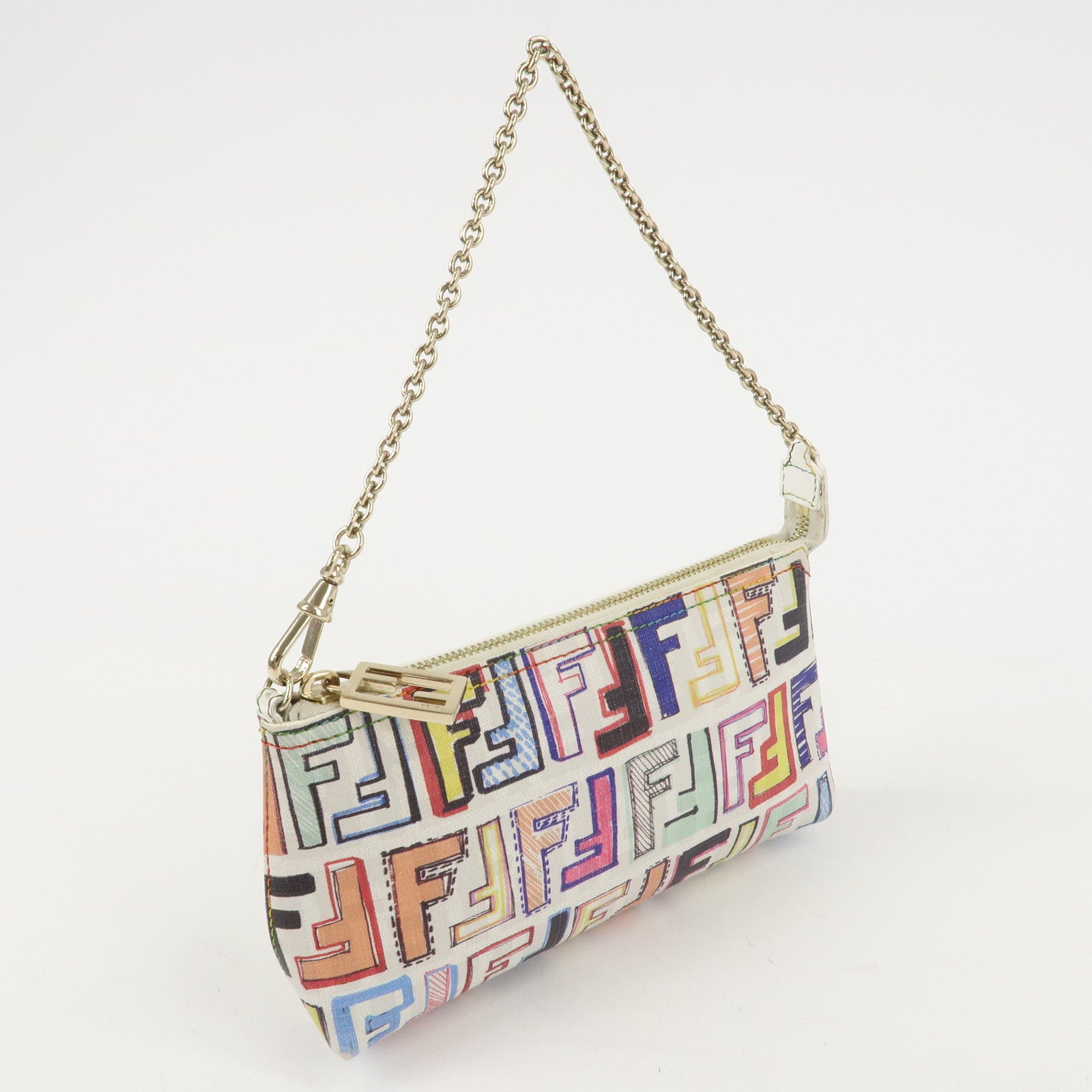 FENDI Zucca PVC Accessory Chain Pouch Multi Color Ivory 8BR592 Used