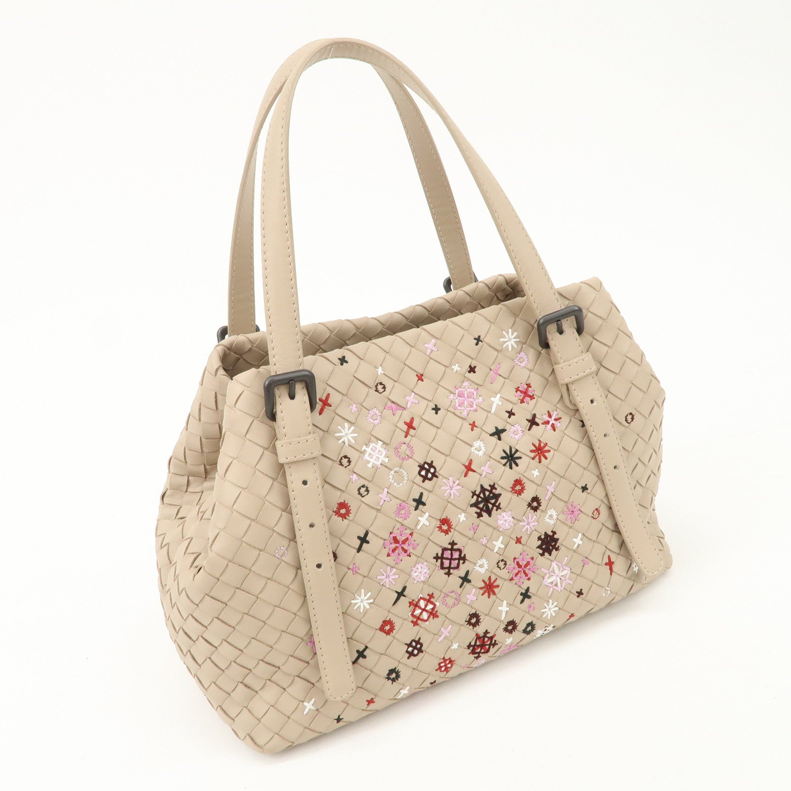 BOTTEGA VENETA Intrecciato Leather Embroidery Tote Bag Beige Used
