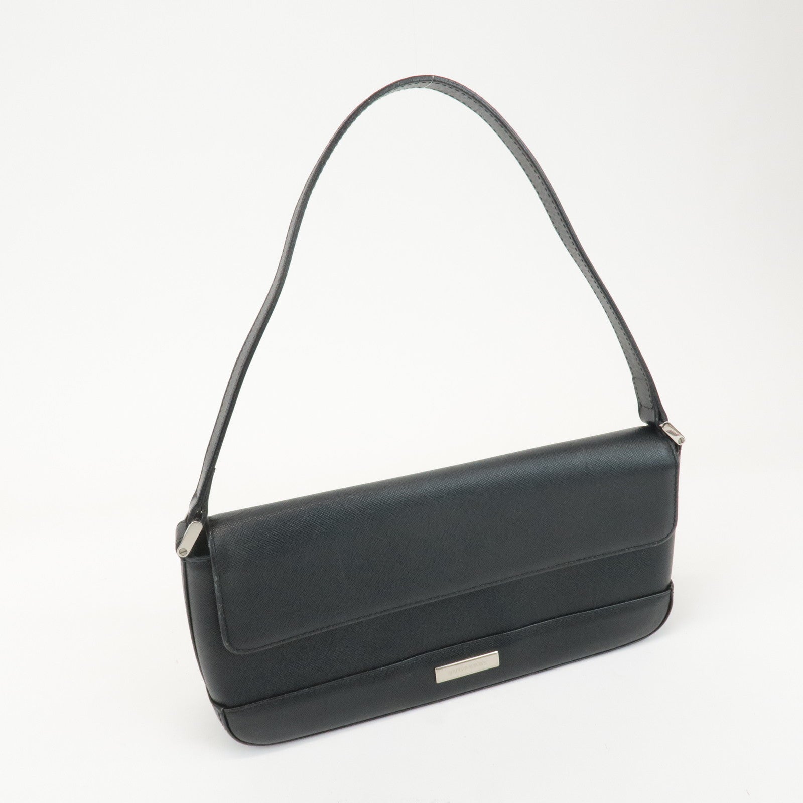 BURBERRY Leather Shoulder Bag Hand Bag Black Silver Hardware Used