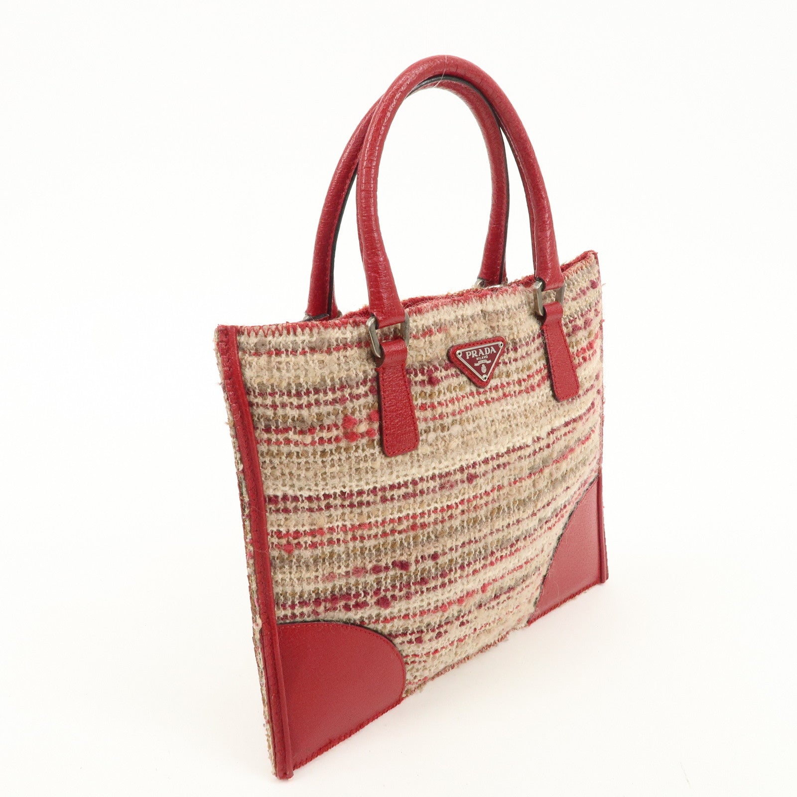 PRADA Logo Tweed Leather Hand Bag Beige Red Used