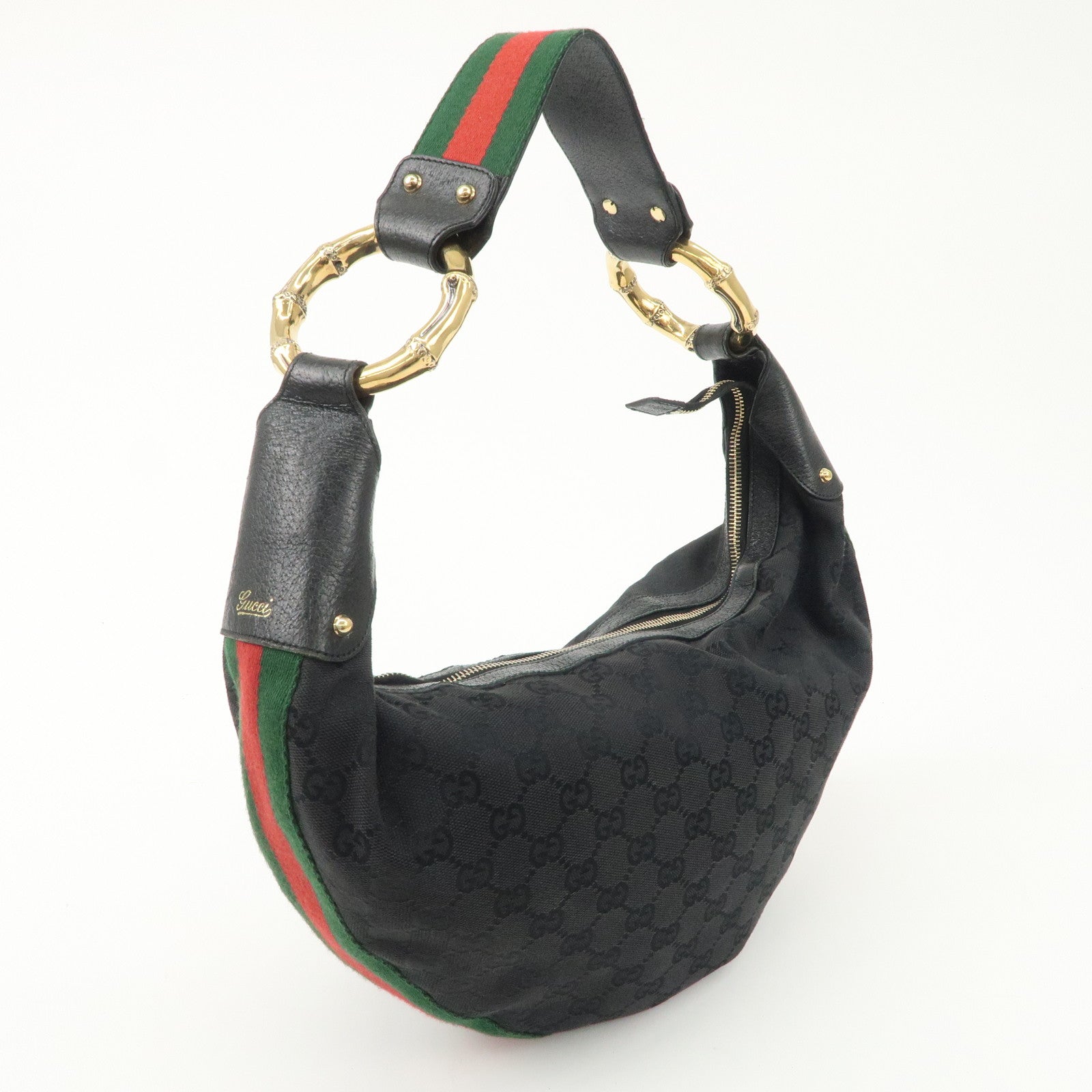 GUCCI Bamboo Sherry GG Canvas Leather Shoulder Bag Black 131036 Used