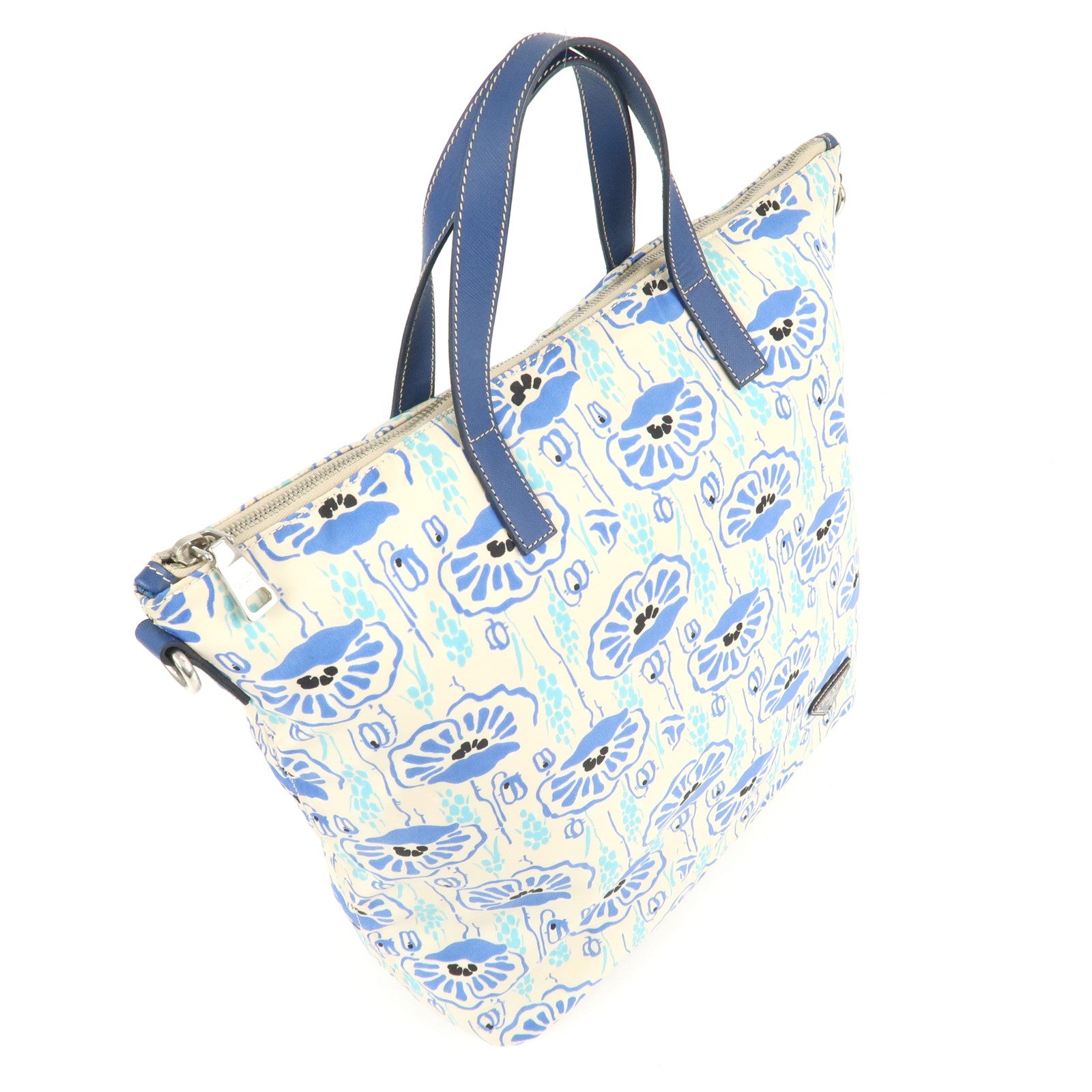 PRADA Nylon Leather 2Way Tote Bag White Blue Used