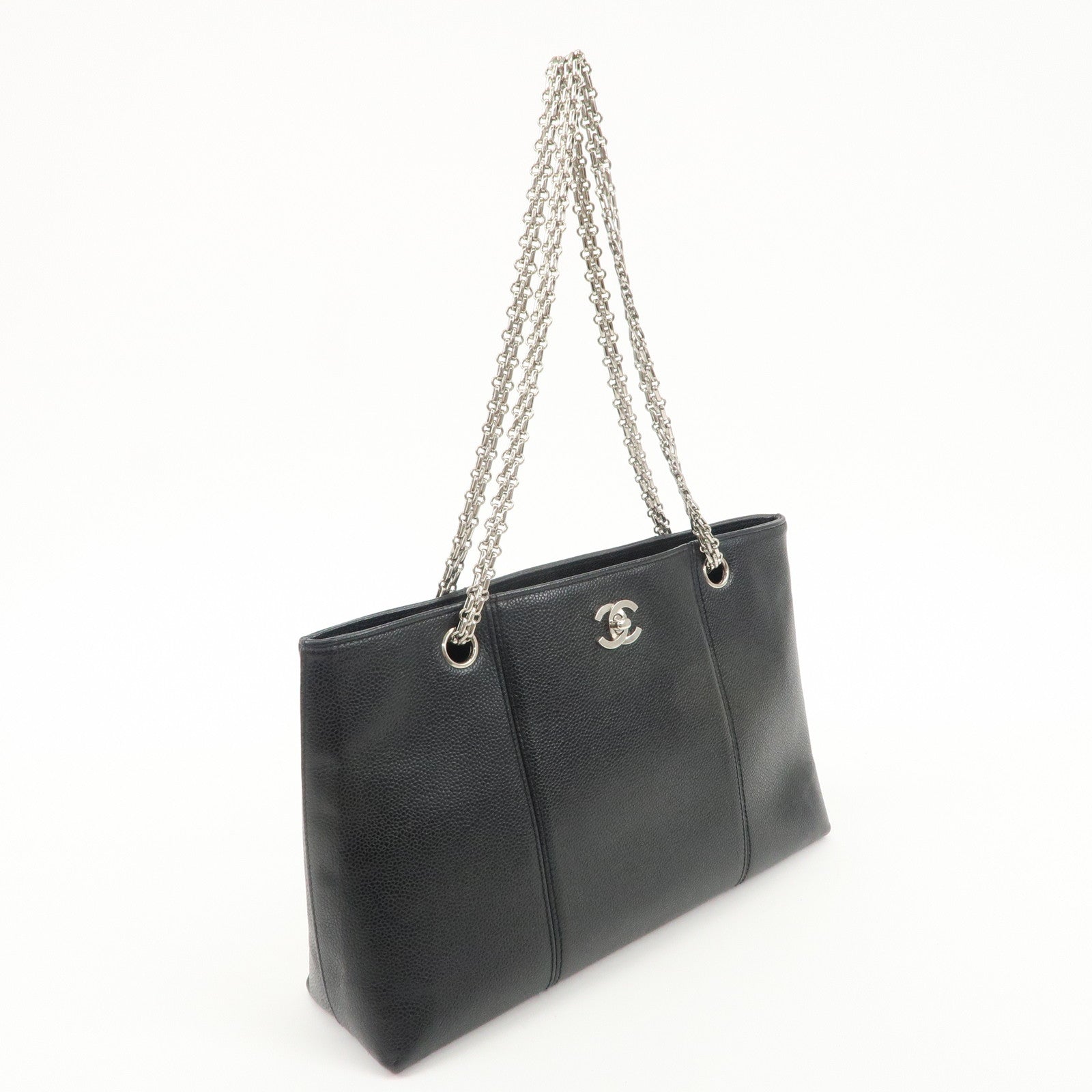 CHANEL Caviar Skin Chain Tote Bag Shoulder Black Silver HDW Used