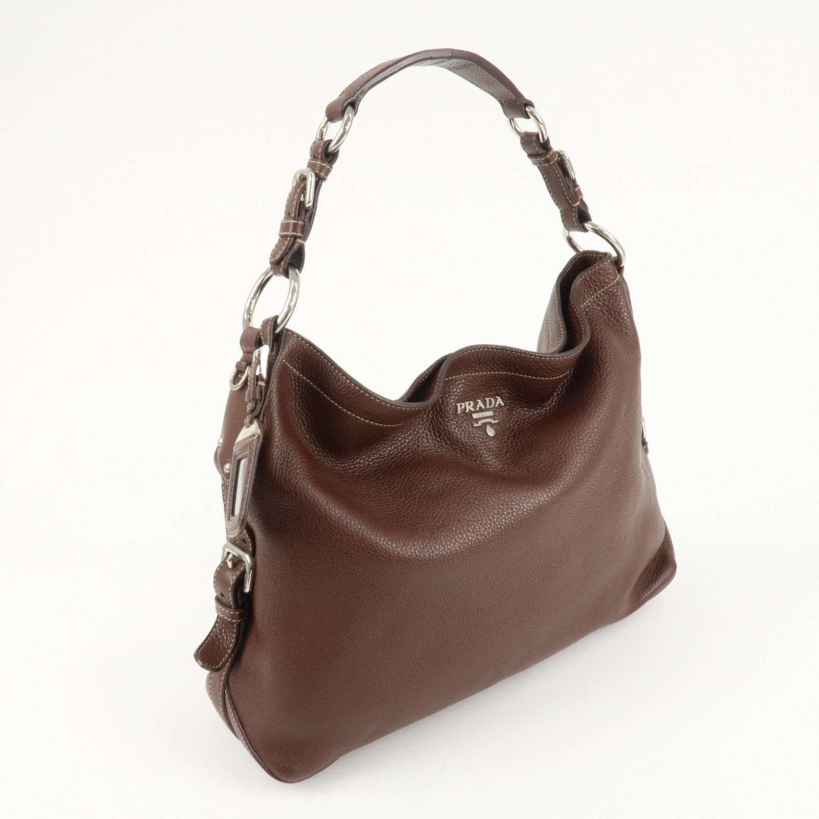 PRADA Leather Shoulder Bag Brown BR3408 Used