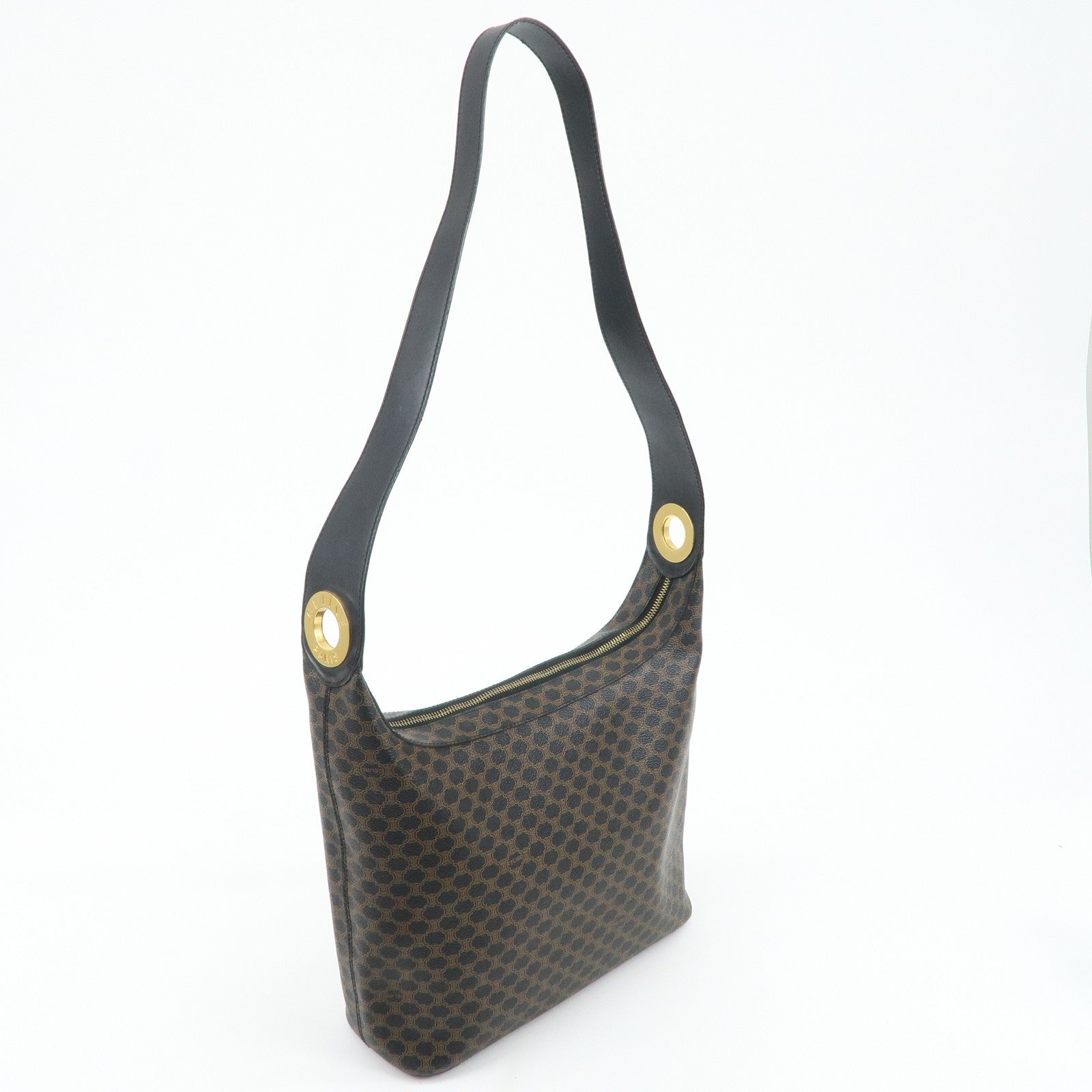 CELINE Macadam PVC Leather Shoulder Bag Black Brown Gold HDW Used