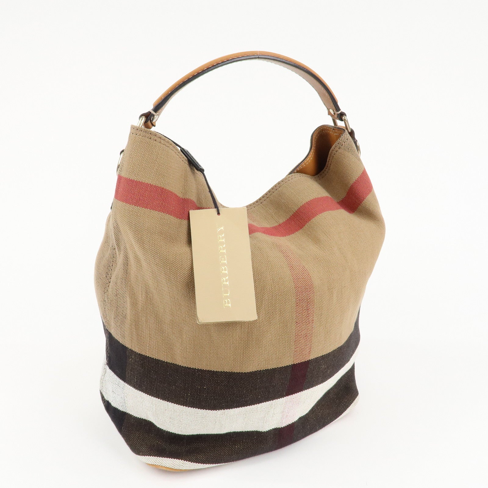 BURBERRY Canvas Leather Ashby Medium Plaid Bucket Bag Beige Brown Used