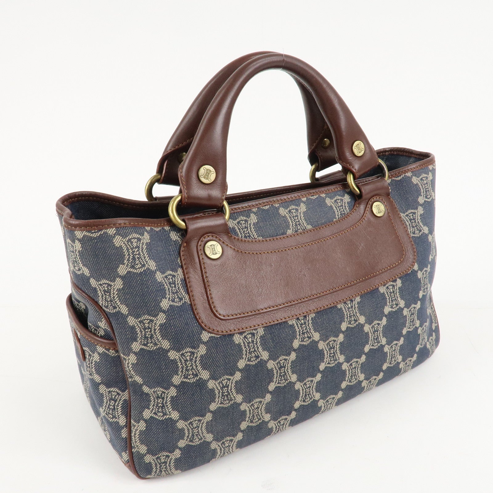 CELINE Macadam Denim Leather Boogie Bag Tote Bag Blue Brown Used