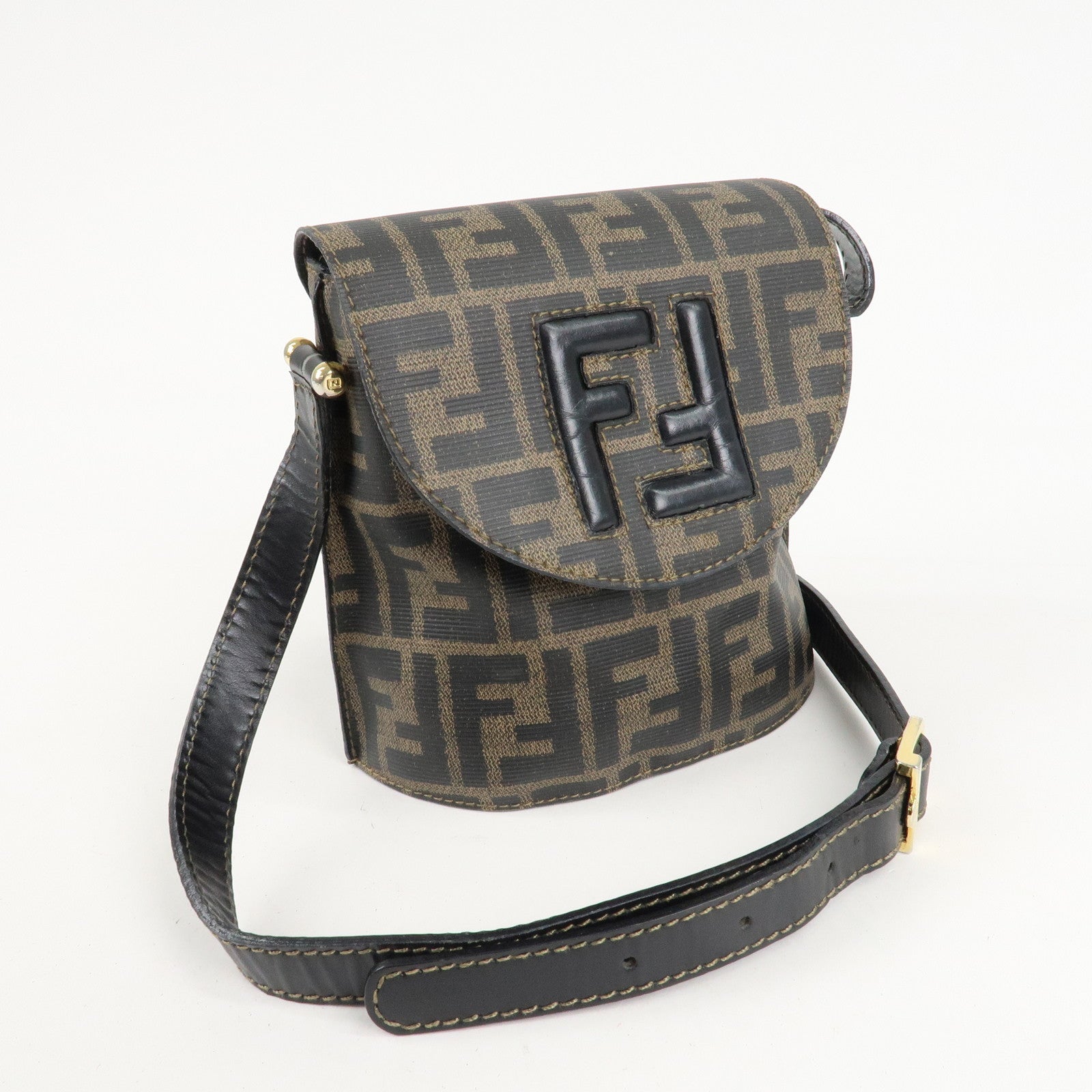 FENDI Zucca Logo Print PVC Leather Shoulder Bag Black Brown Used