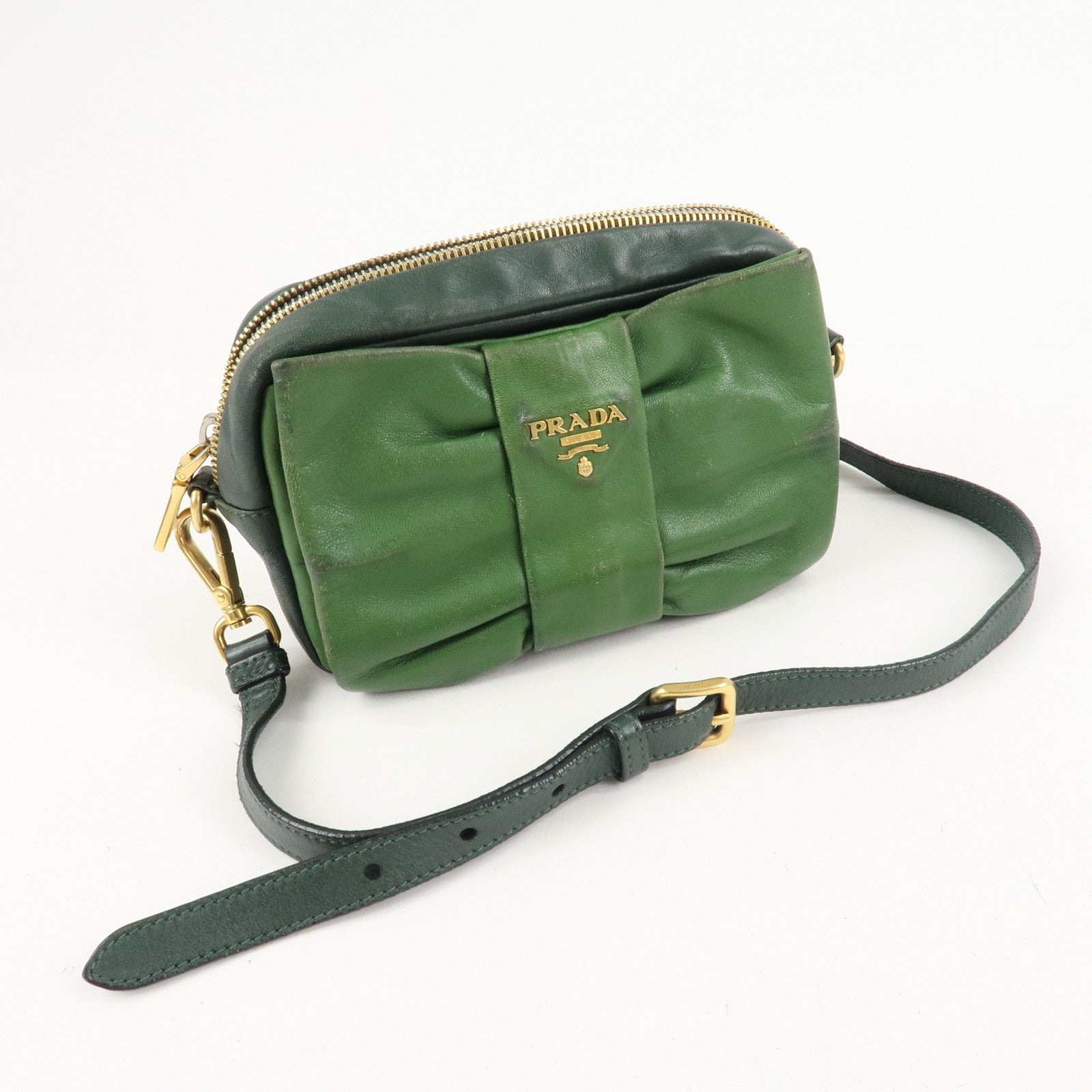 PRADA Logo Leather Ribbon Shoulder Bag Green BP0166 Used