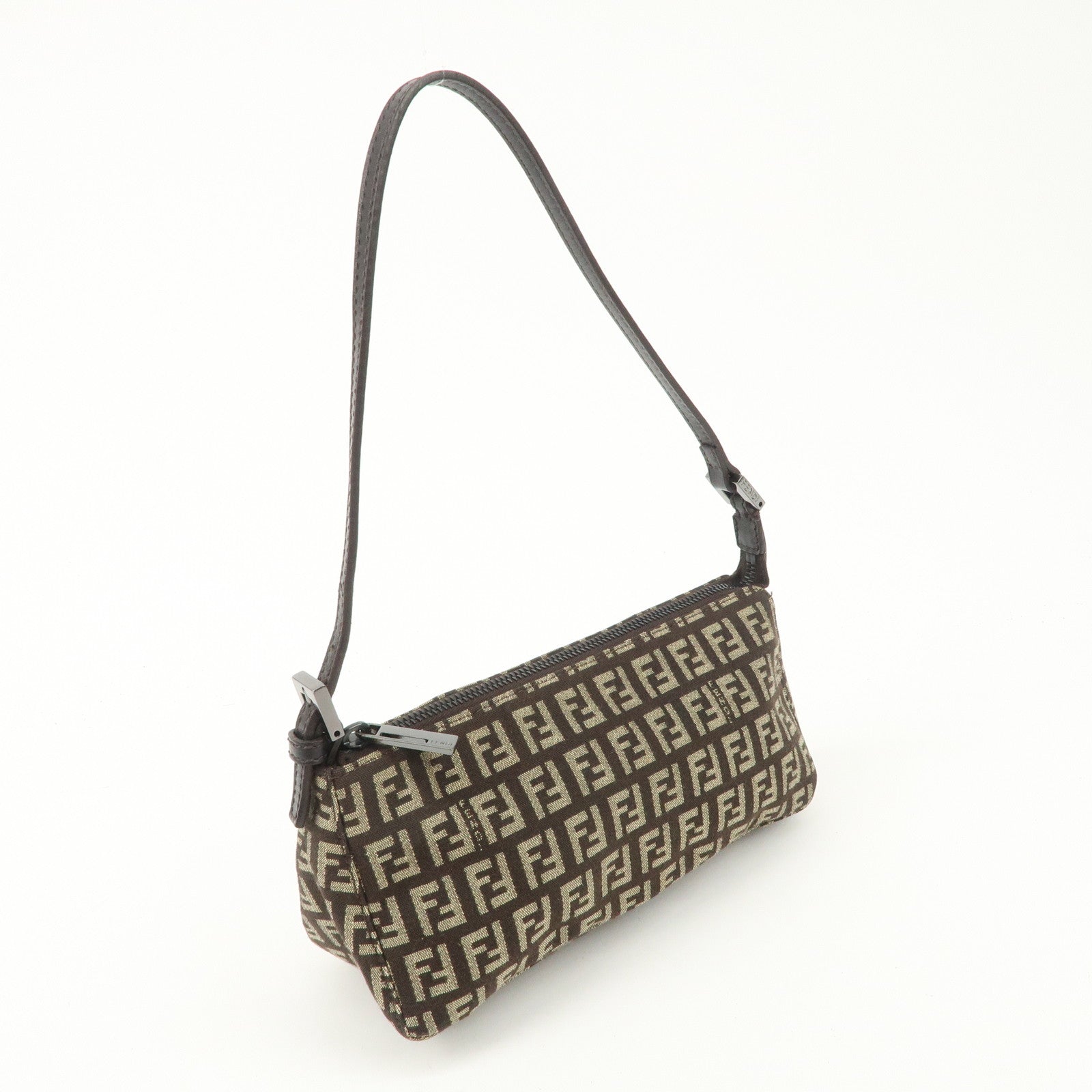 FENDI Zucchino Canvas Leather Shoulder Bag Dark Brown 8BR249 Used