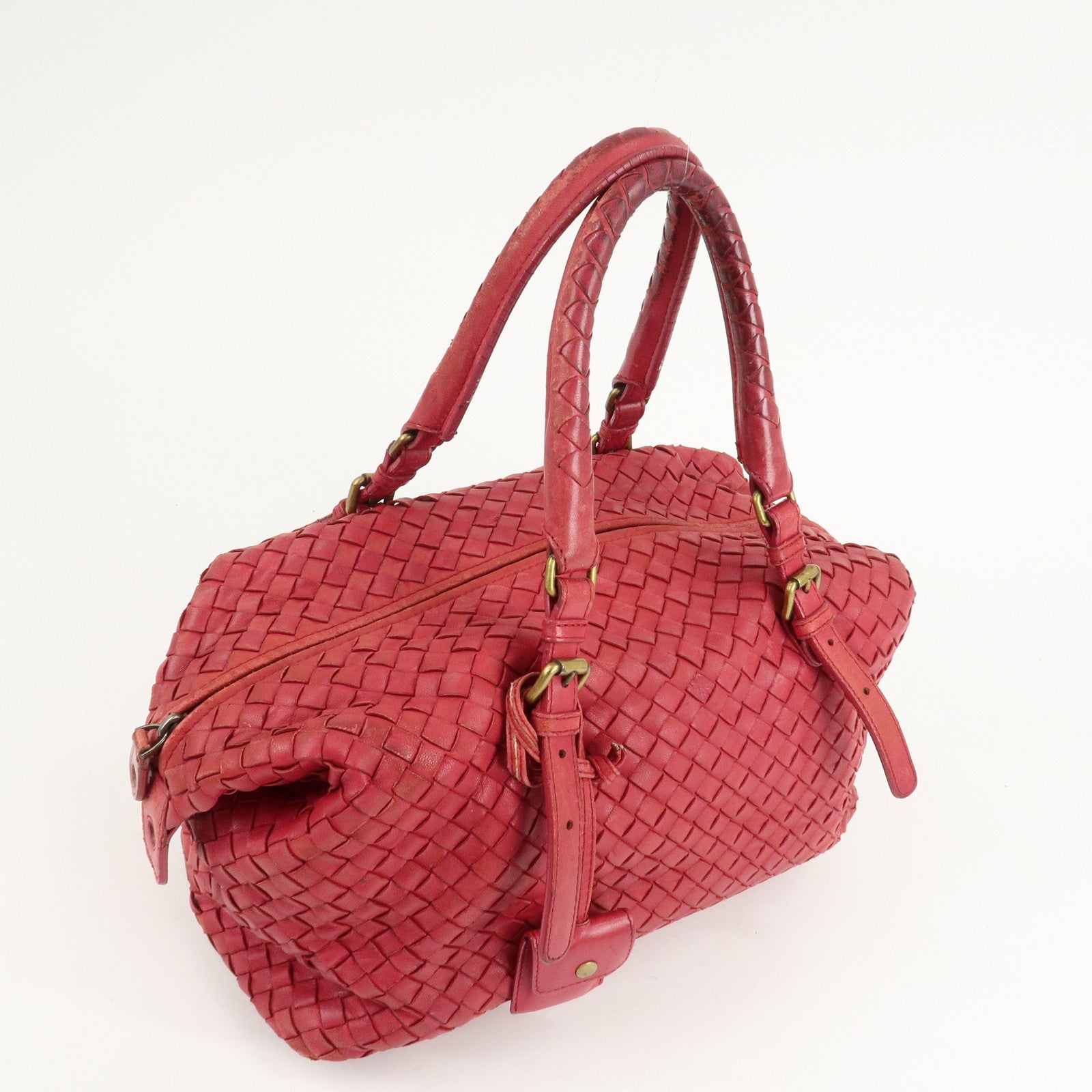 BOTTEGA VENETA Intrecciato Leather Montaigne Boston Bag Red Used