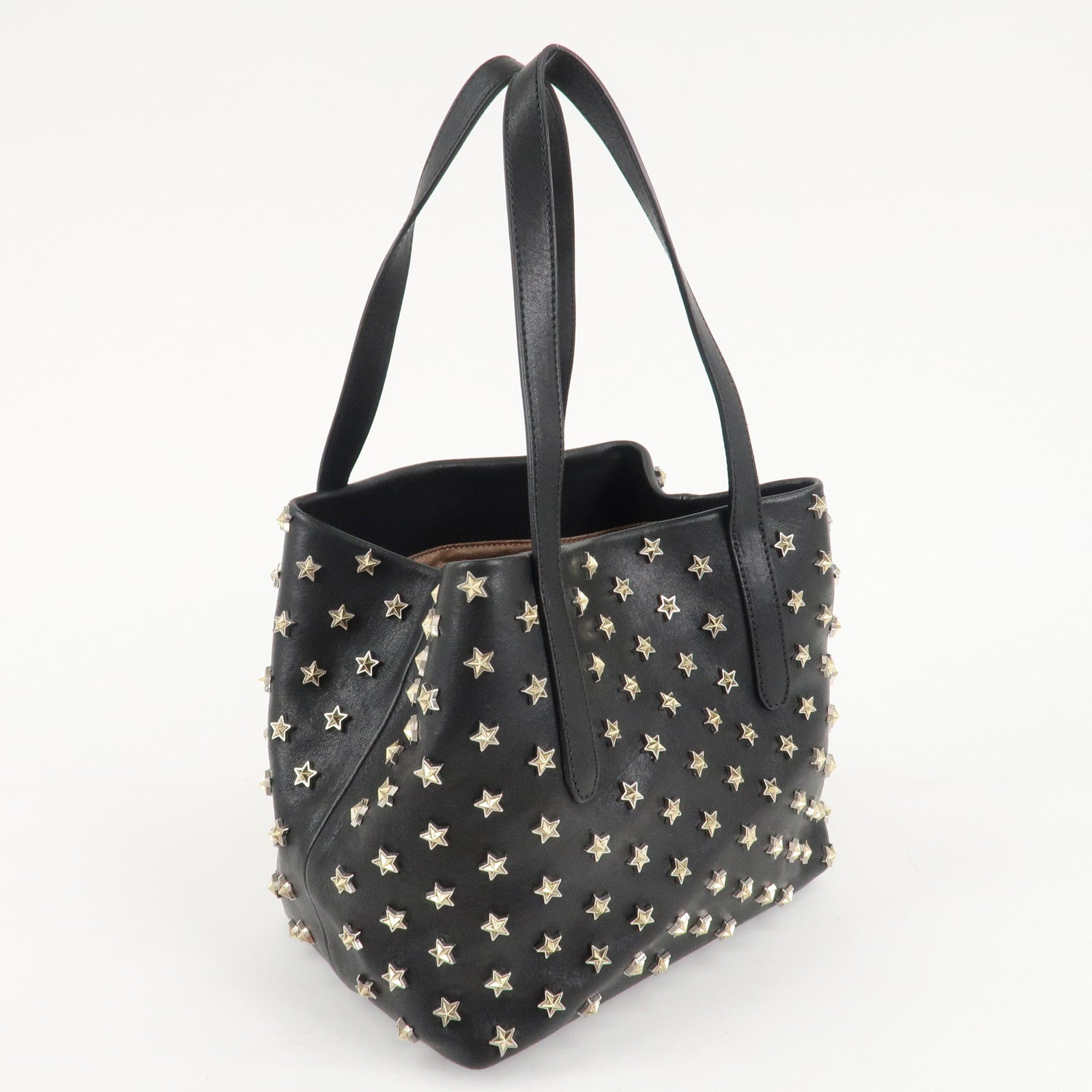 JIMMY CHOO Leather Tote Bag Hand Bag Star Studs Black Gold HDW Used