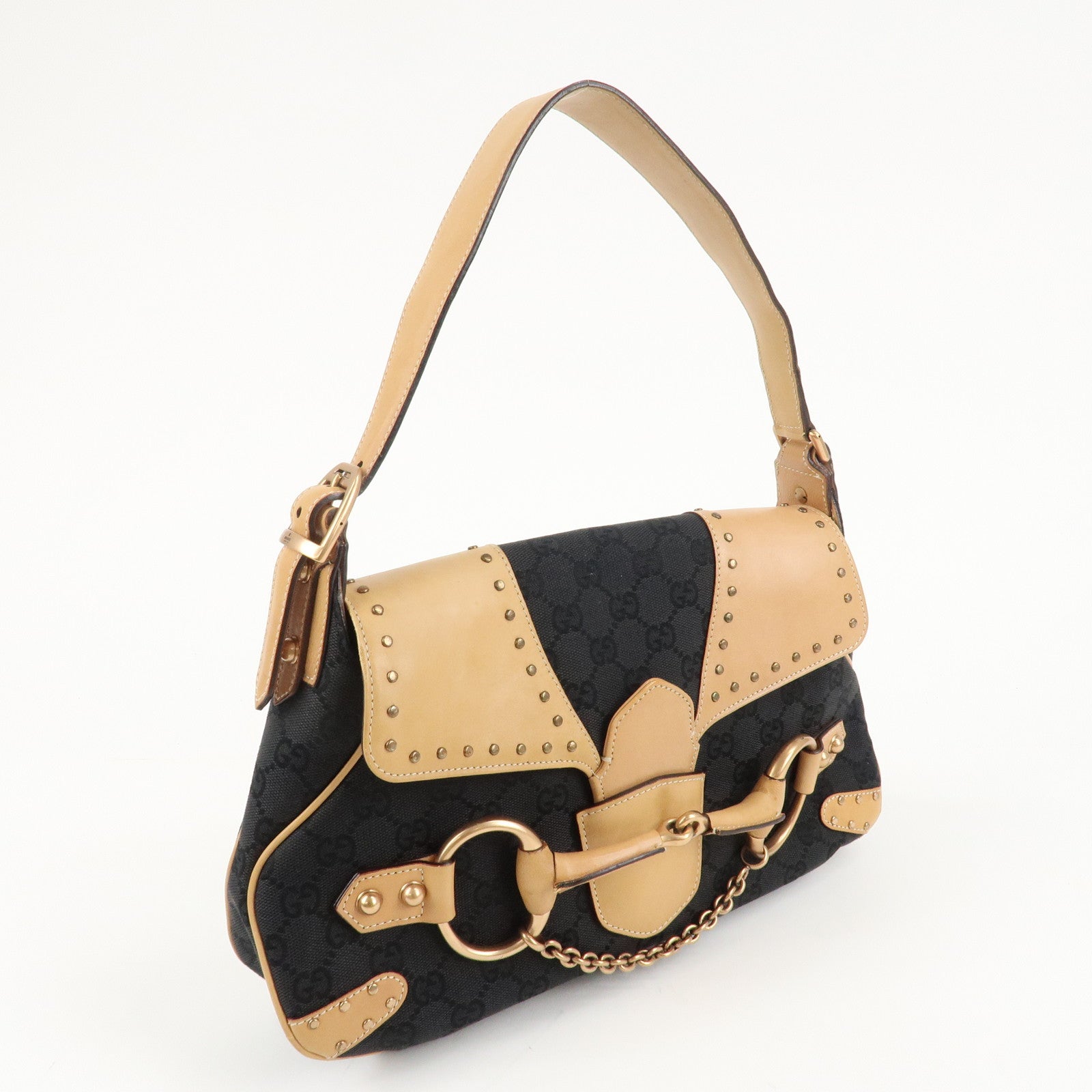 GUCCI Horsebit GG Canvas Leather Studs Shoulder Bag Black 114915 Used