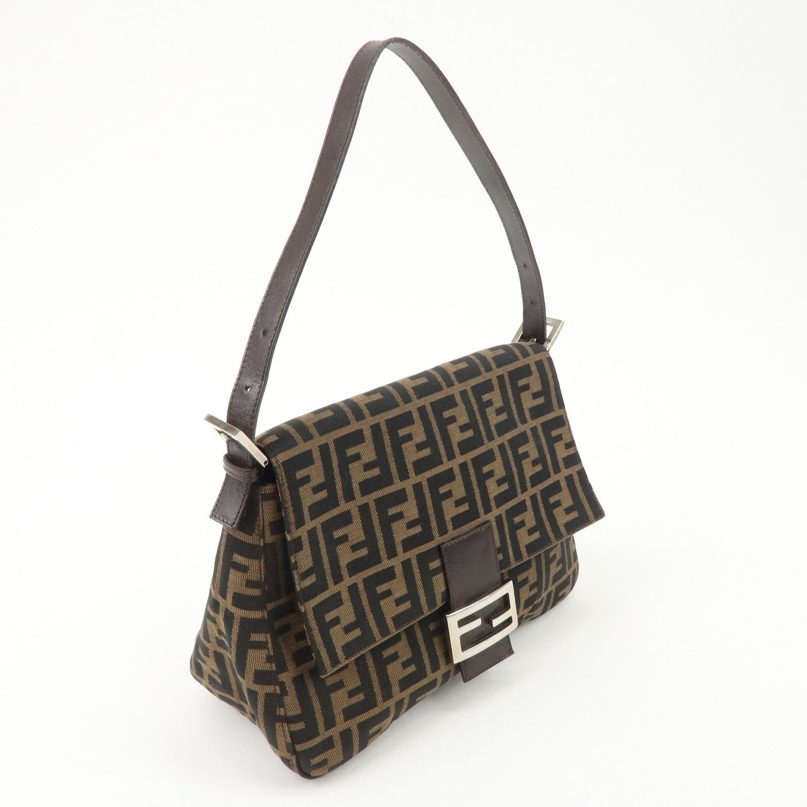 FENDI Mamma Baguette Canvas Leather Shoulder Bag Silver HDW 26325 Used