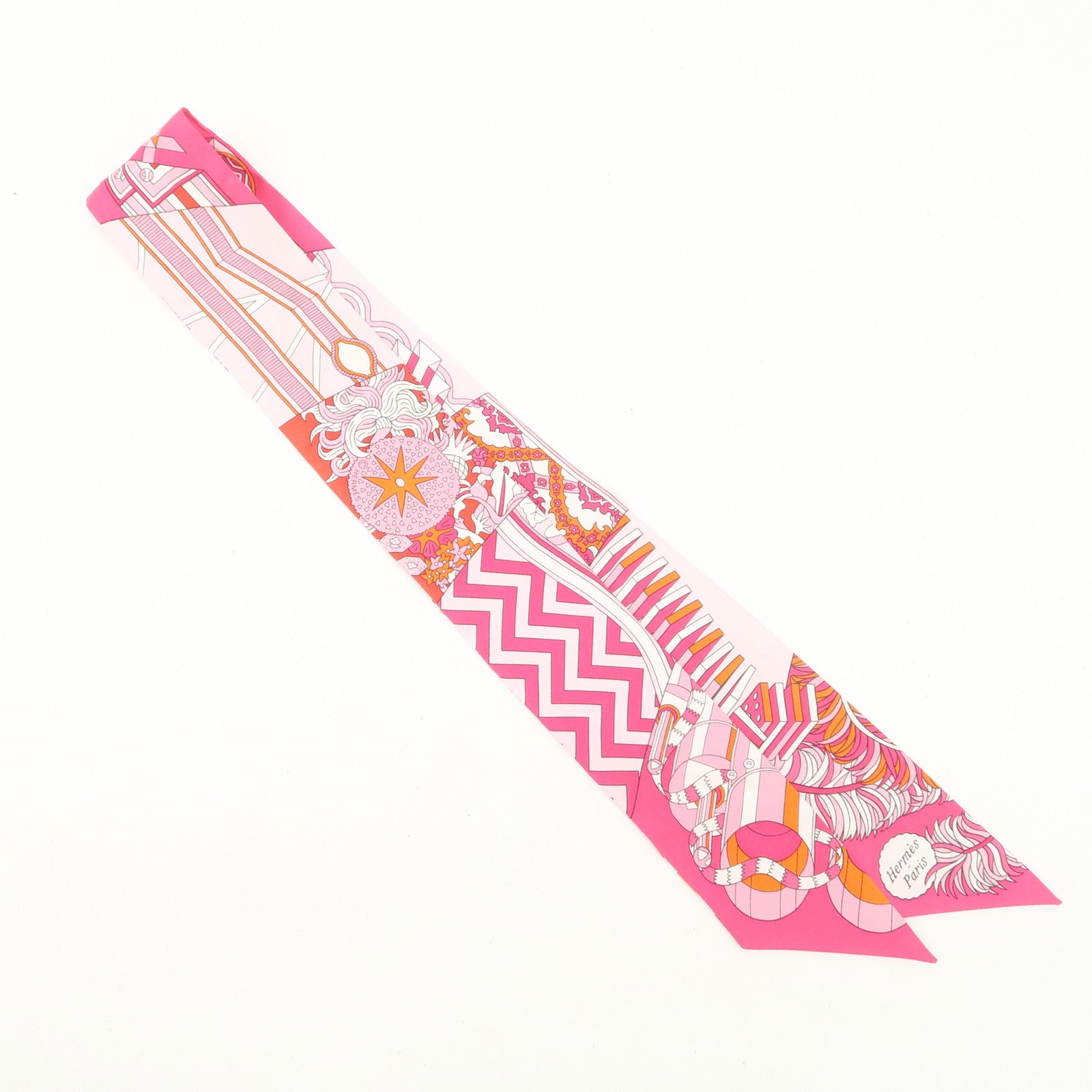 HERMES Silk 100% Twilly Scarf De l'Ombrelle aux Duels Pink Used