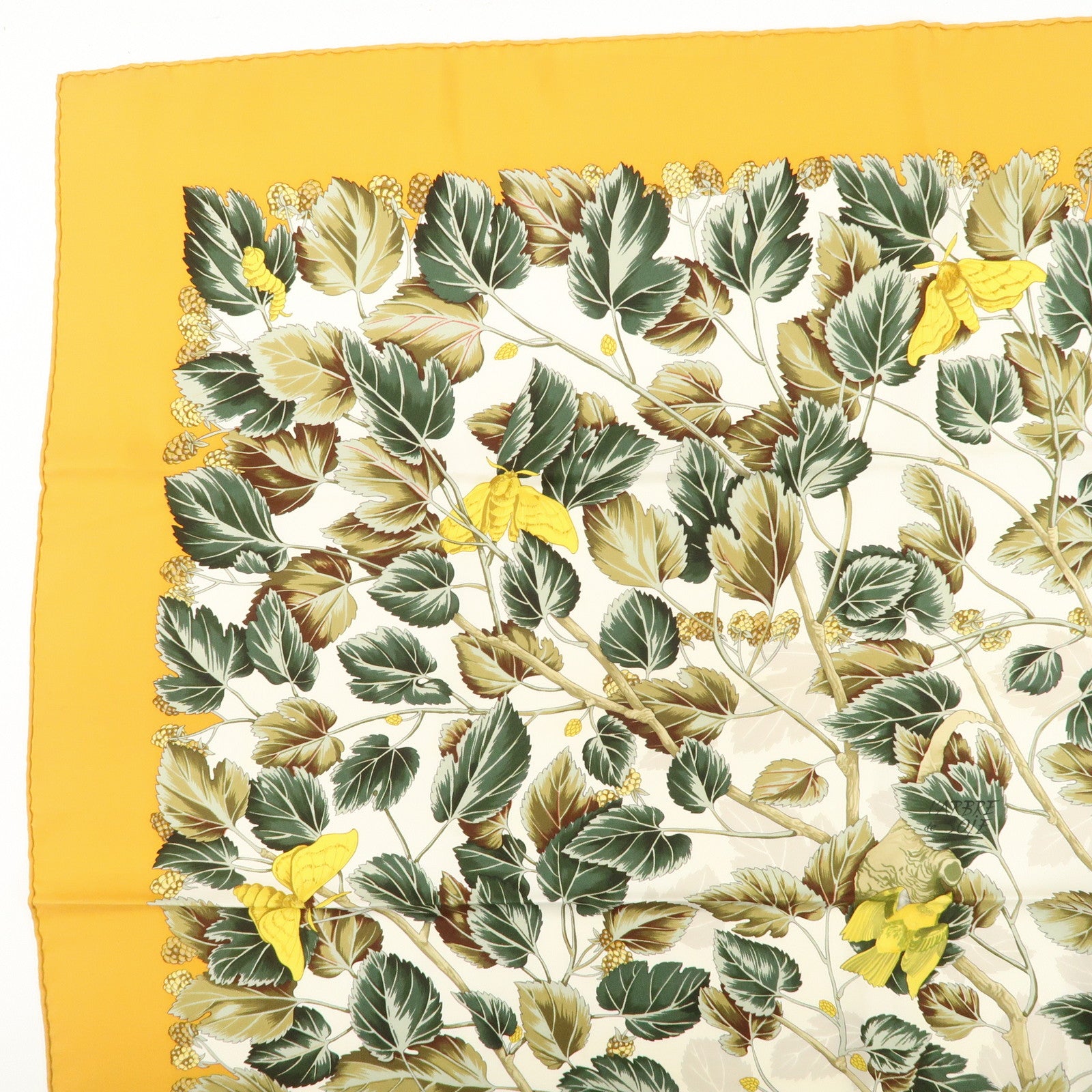 HERMES Carre 90 Silk 100% Scarf l'ARBRE de SOiE Orange Green Used