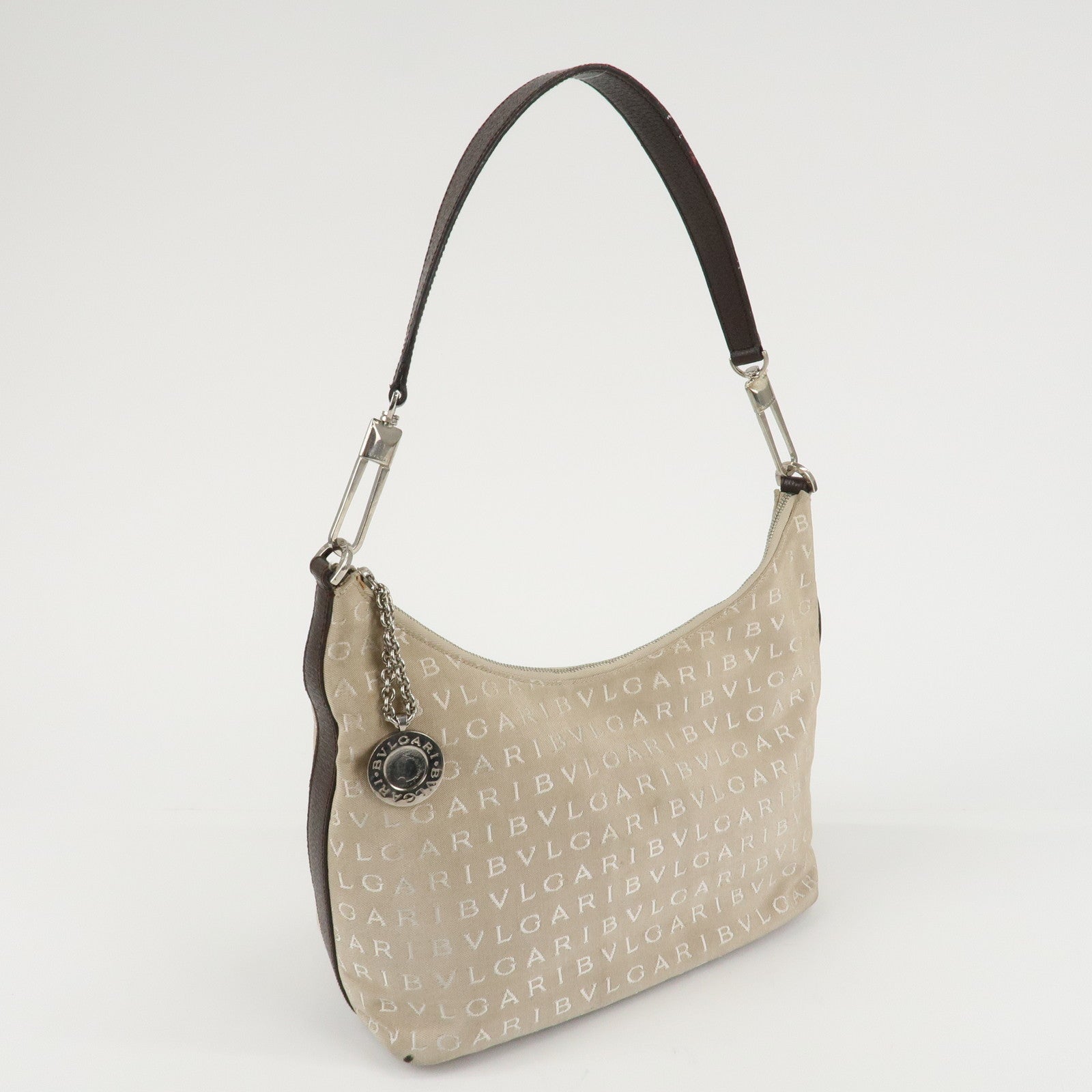 BVLGARI Logomania Canvas Leather Shoulder Bag Beige Dark Brown Used