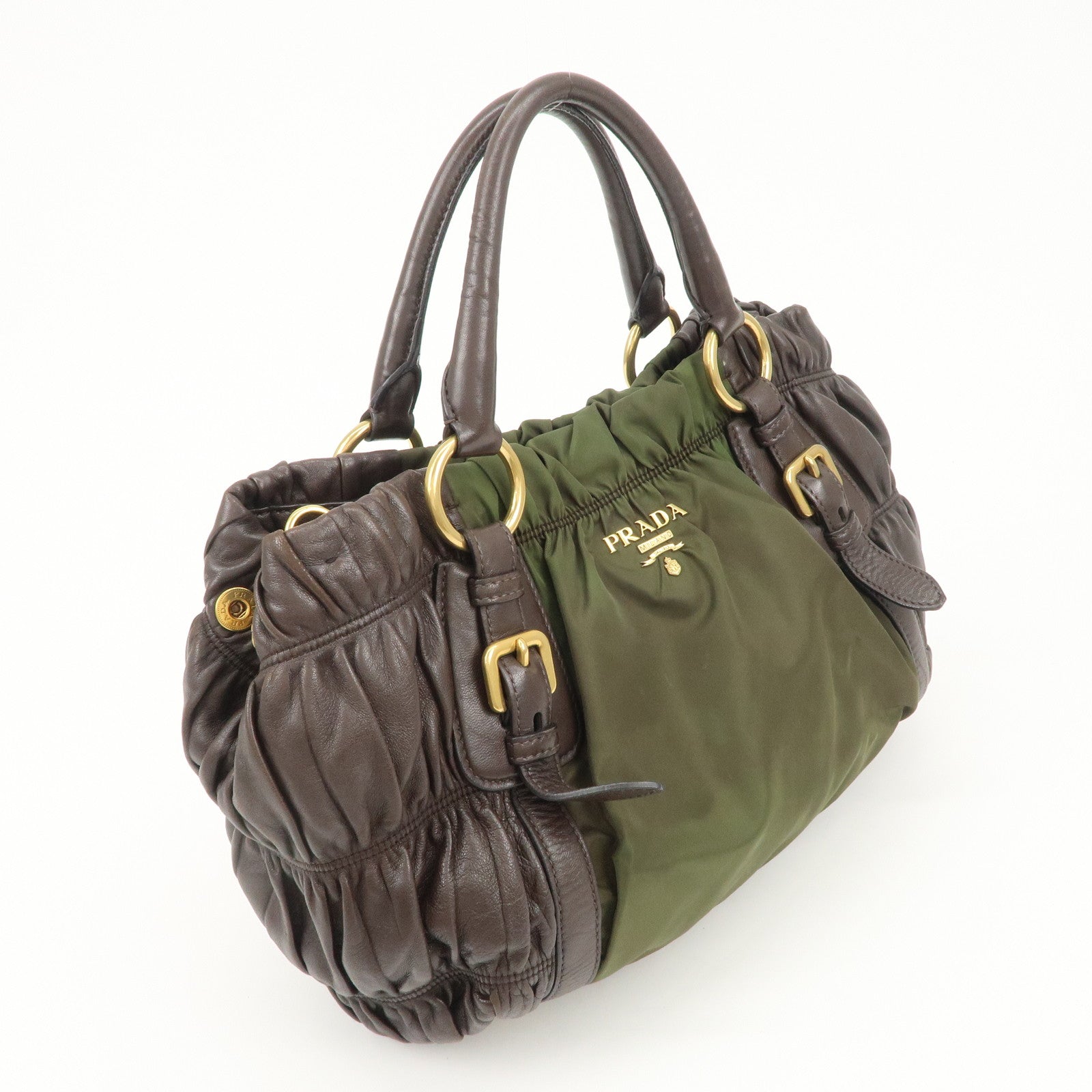 PRADA Nylon Leather Gathered Hand Bag Green Brown BN1793 Used
