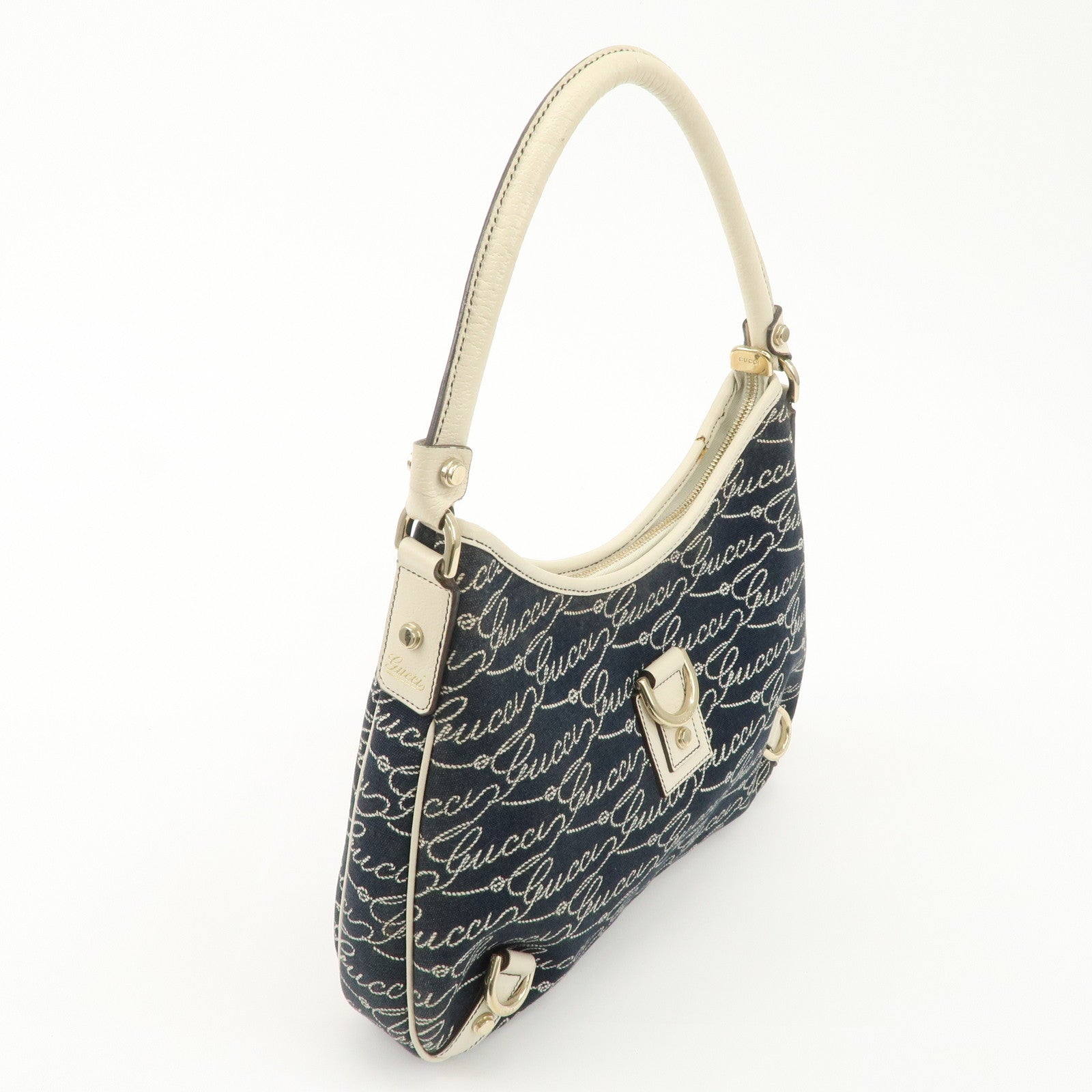 GUCCI Abbey GG Canvas Leather Shoulder Bag Ivory Navy 130738 Used
