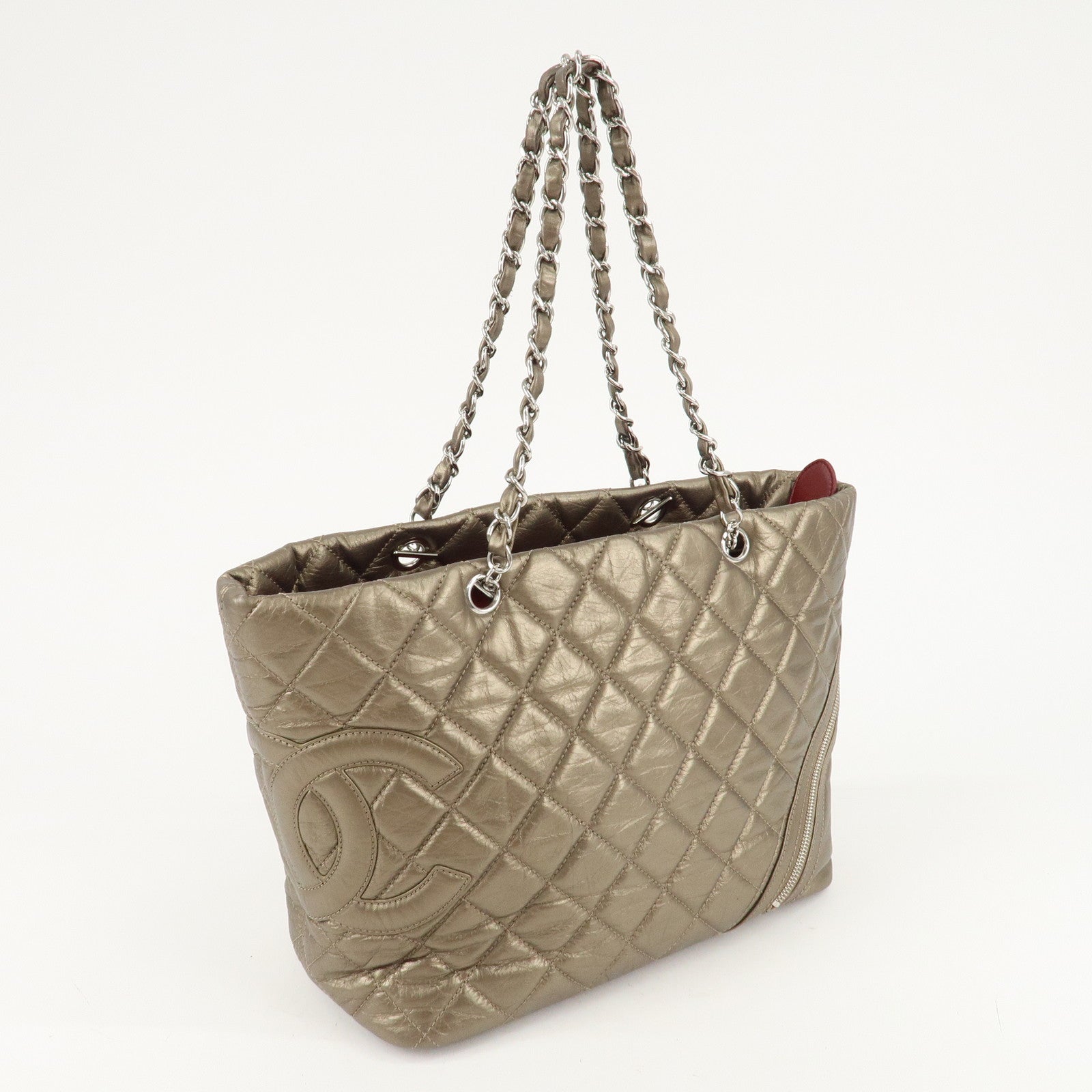 CHANEL Cambon Line Lamb Skin Cotton Club Hand Bag Bronze A34318 Used