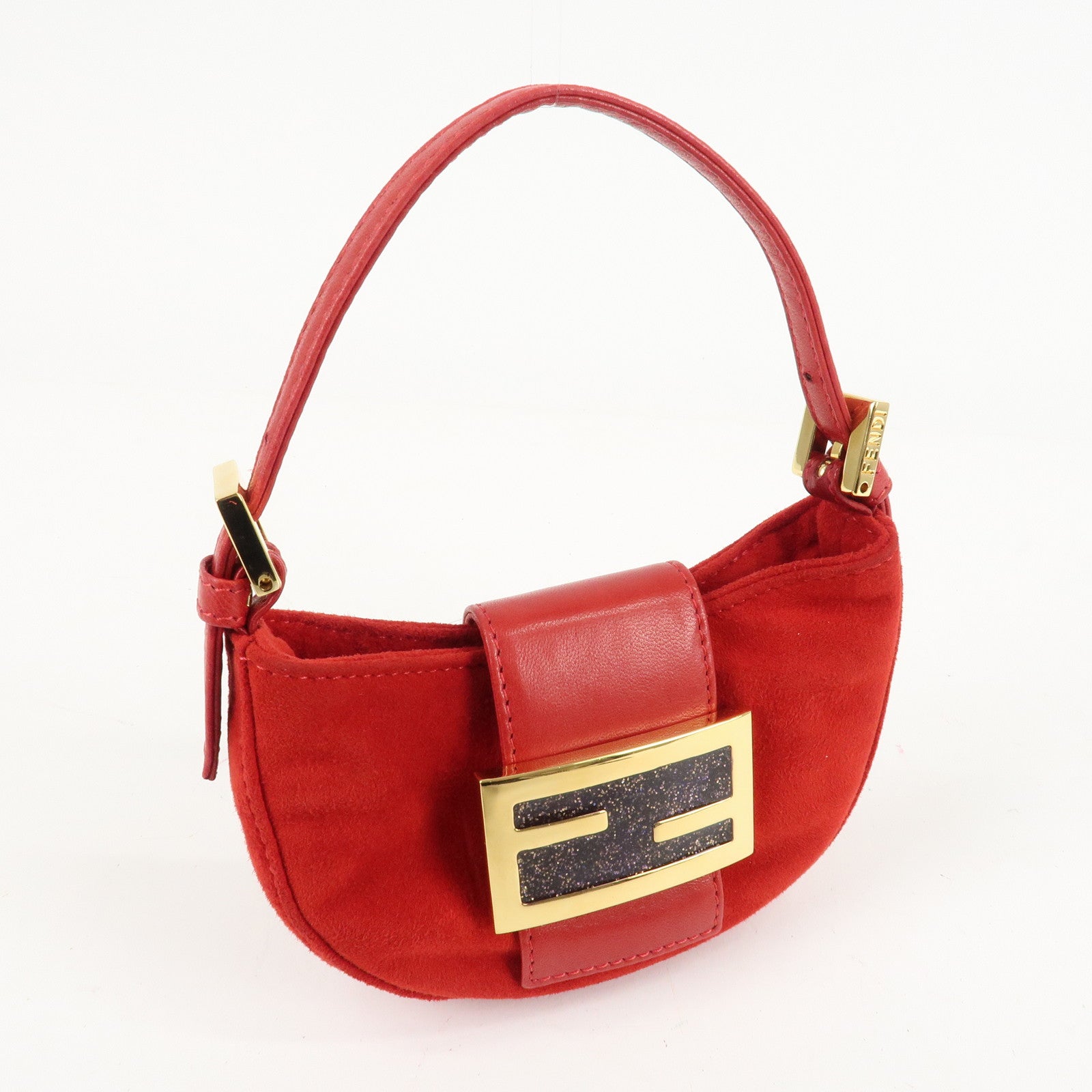 FENDI Suede Leather Mini Croissant Hand Bag Red 26673 Used