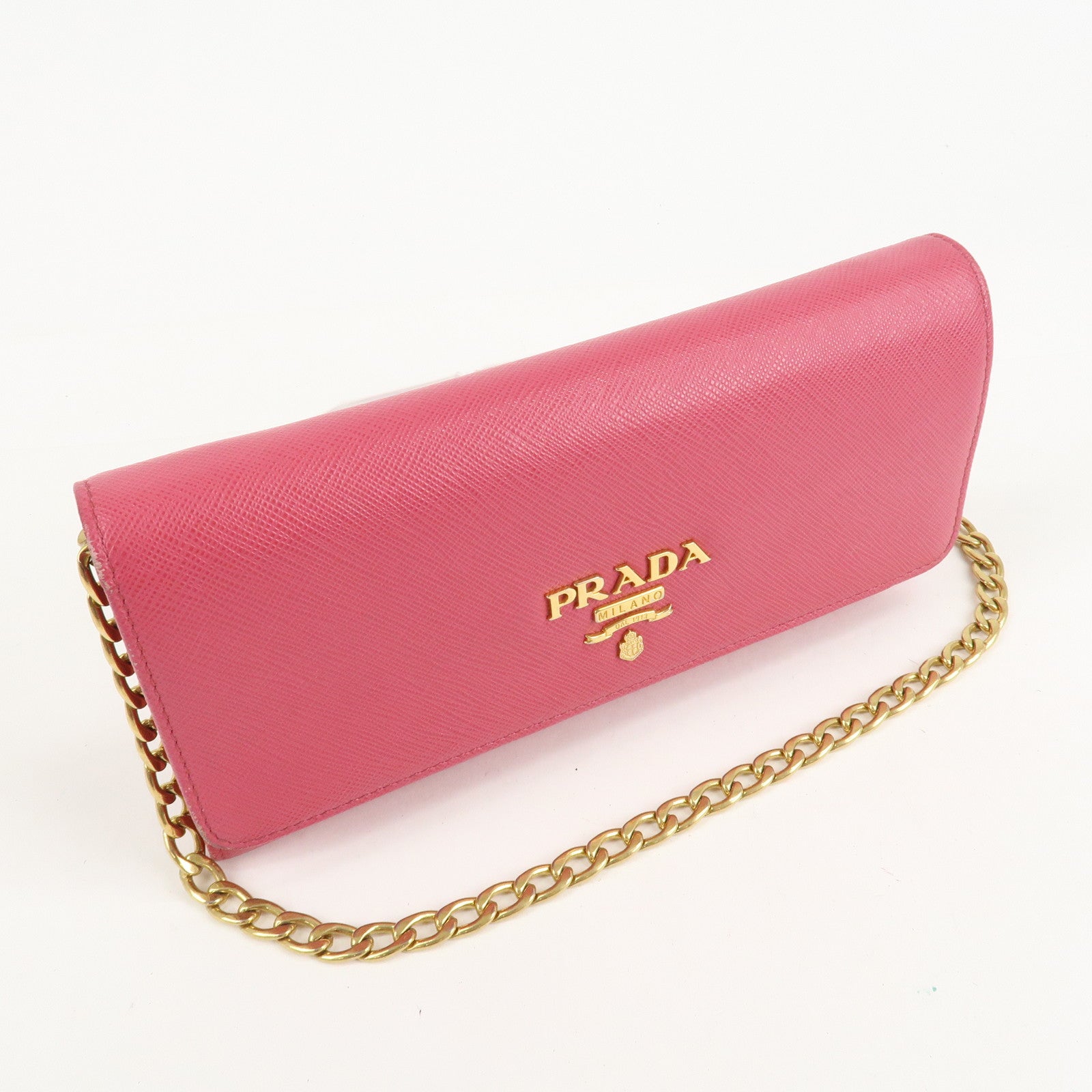 PRADA Saffiano Metal Chain Wallet Shoulder Bag Pink 1DH002 Used