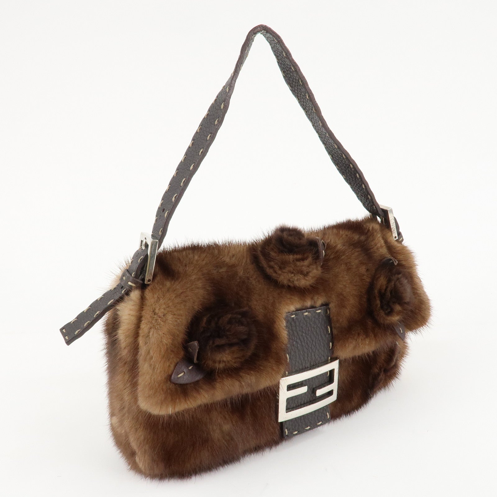 FENDI Mamma Baguette Selleria Mink Leather Shoulder Bag 8BR101 Used