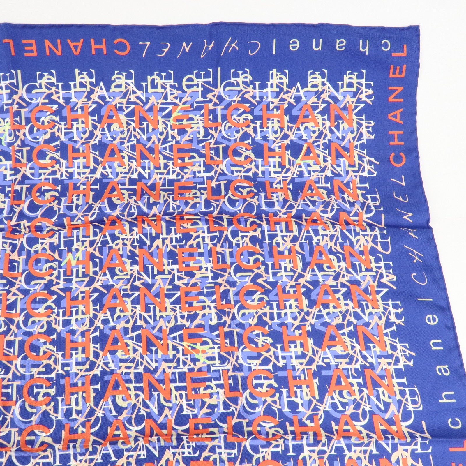 CHANEL Silk 100% Scarf CHANLE Logo Print Blue Used