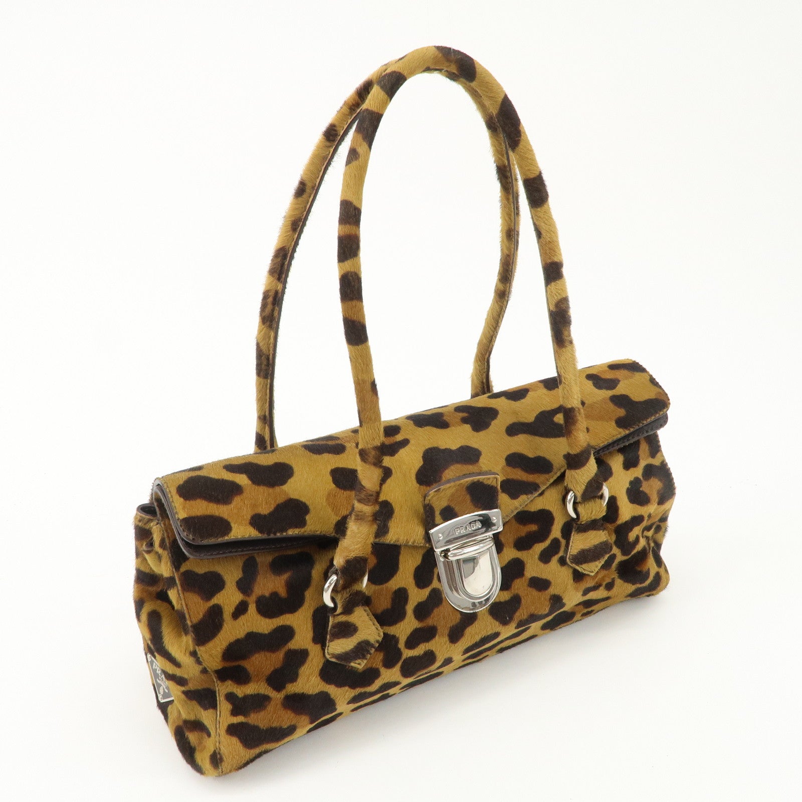PRADA Logo Unborn Calf Leopard Shoulder Bag Hand Bag Brown Used
