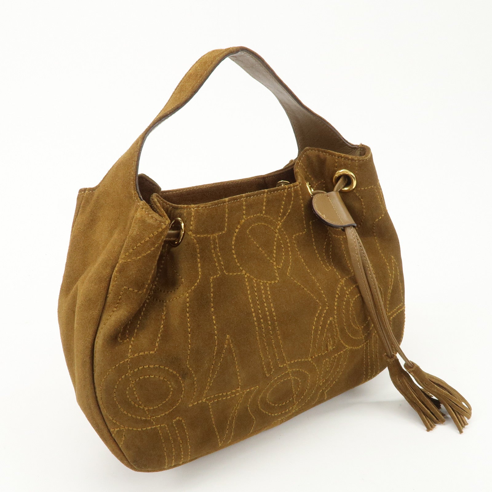 Salvatore Ferragamo Suede Hand Bag Stitch Brown BZ-21 5699 Used