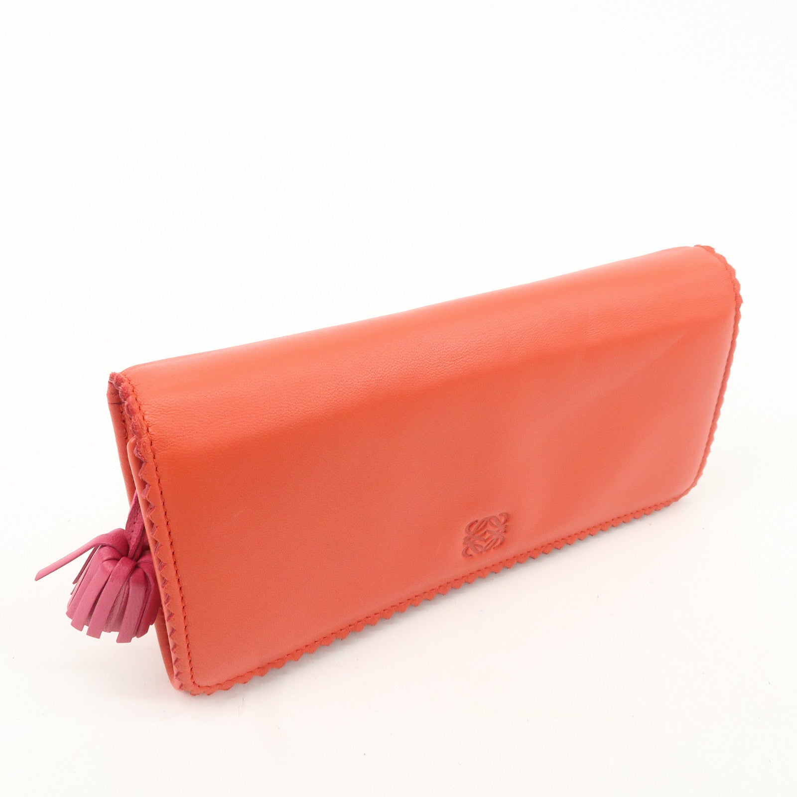 LOEWE Anagram Leather Bi-fold Pinking Long Wallet Red Used