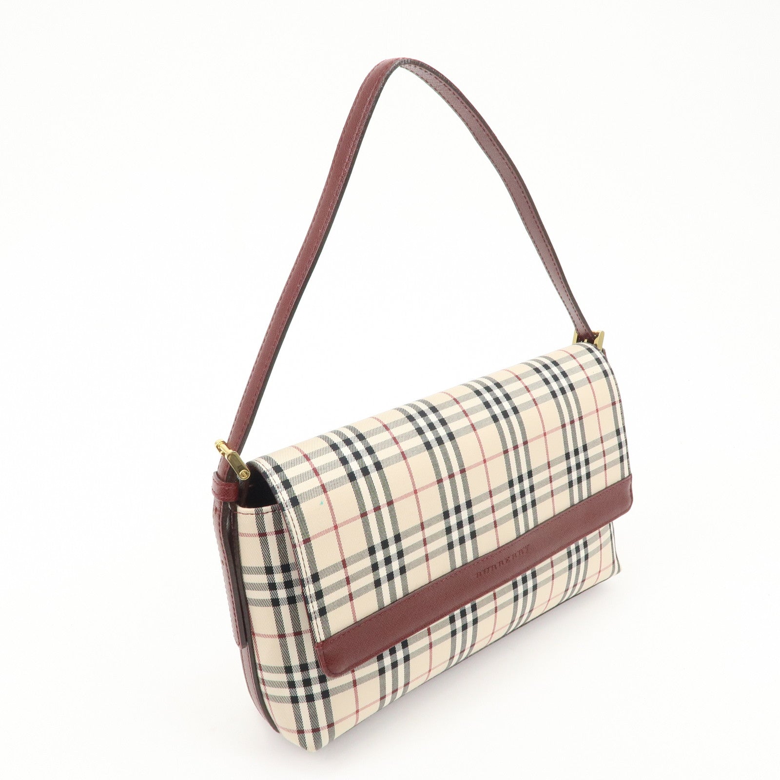 BURBERRY Canvas Leather Nova Plaid Shoulder Bag Hand Bag Bordeaux Used