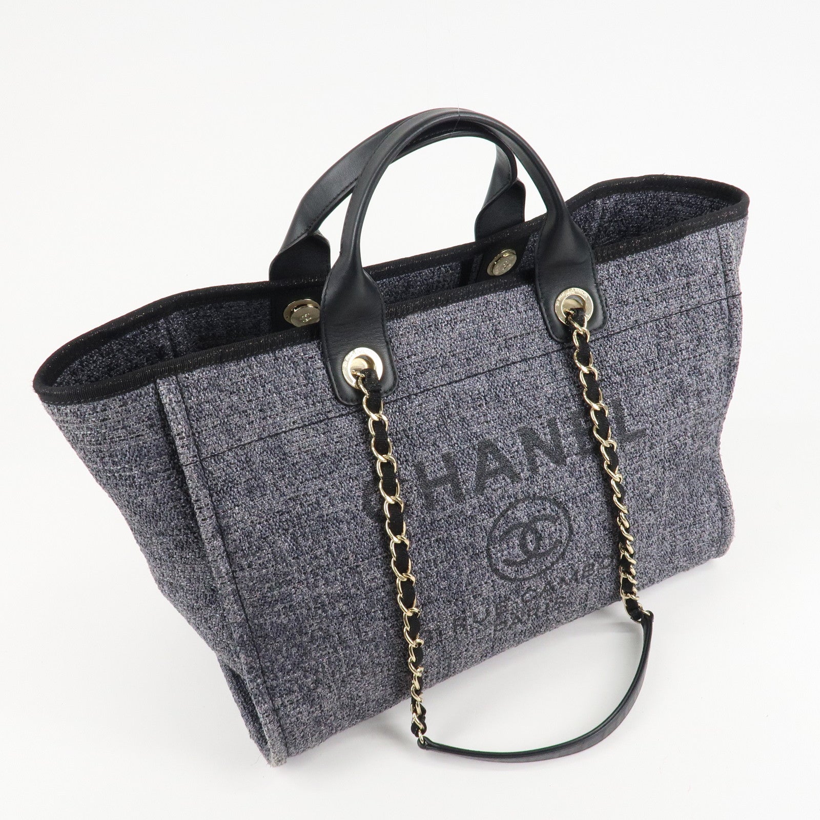 CHANEL Deauville Raffia Leather Chain Tote Bag GM A66941 Navy Used